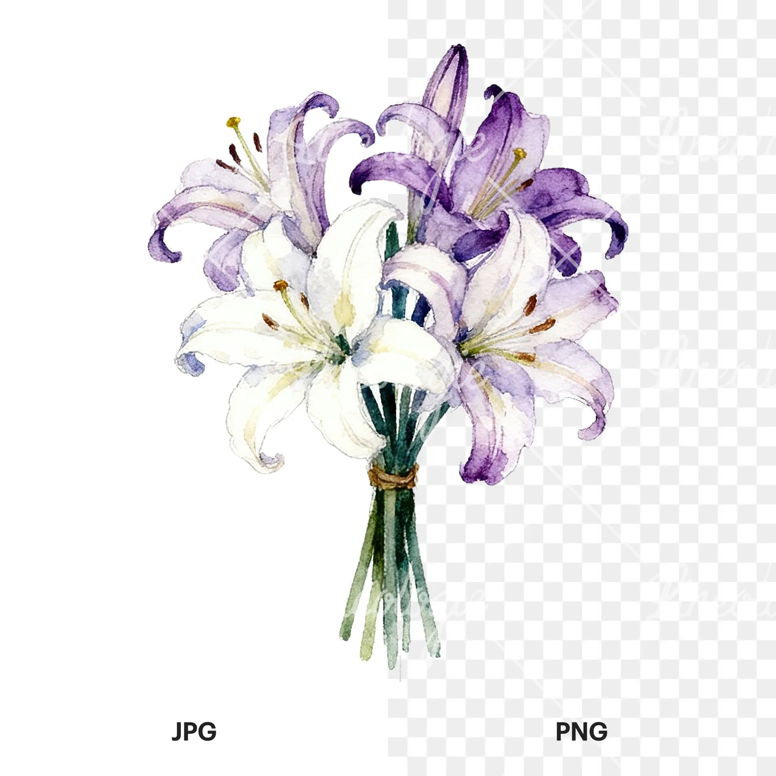 Watercolor white purple lily bouquet with agapanthus clipart 4 of 9, as a JPG on white and a transparent PNG