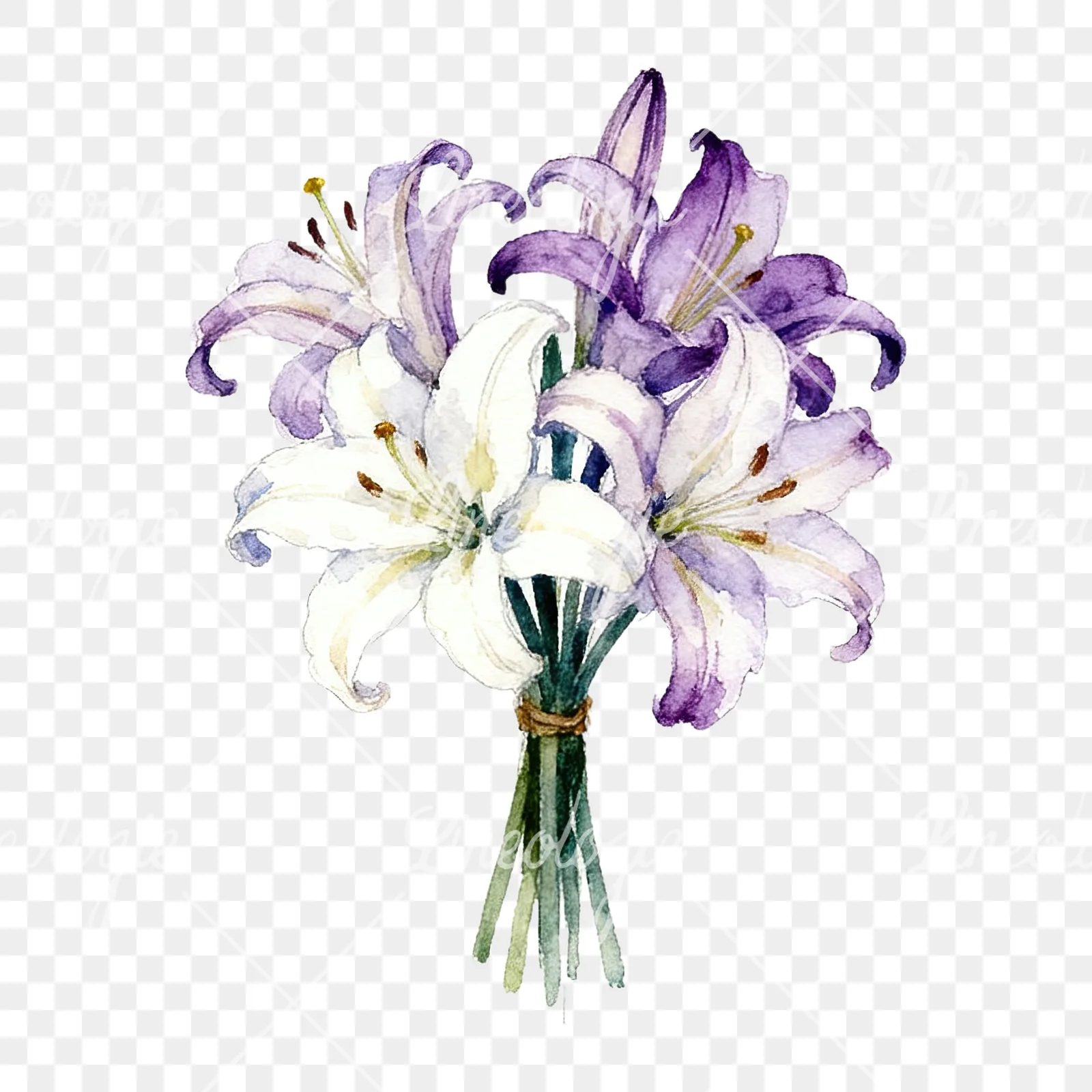 Watercolor white purple lily bouquet with agapanthus clipart 4 of 9 on a transparent background (PNG)