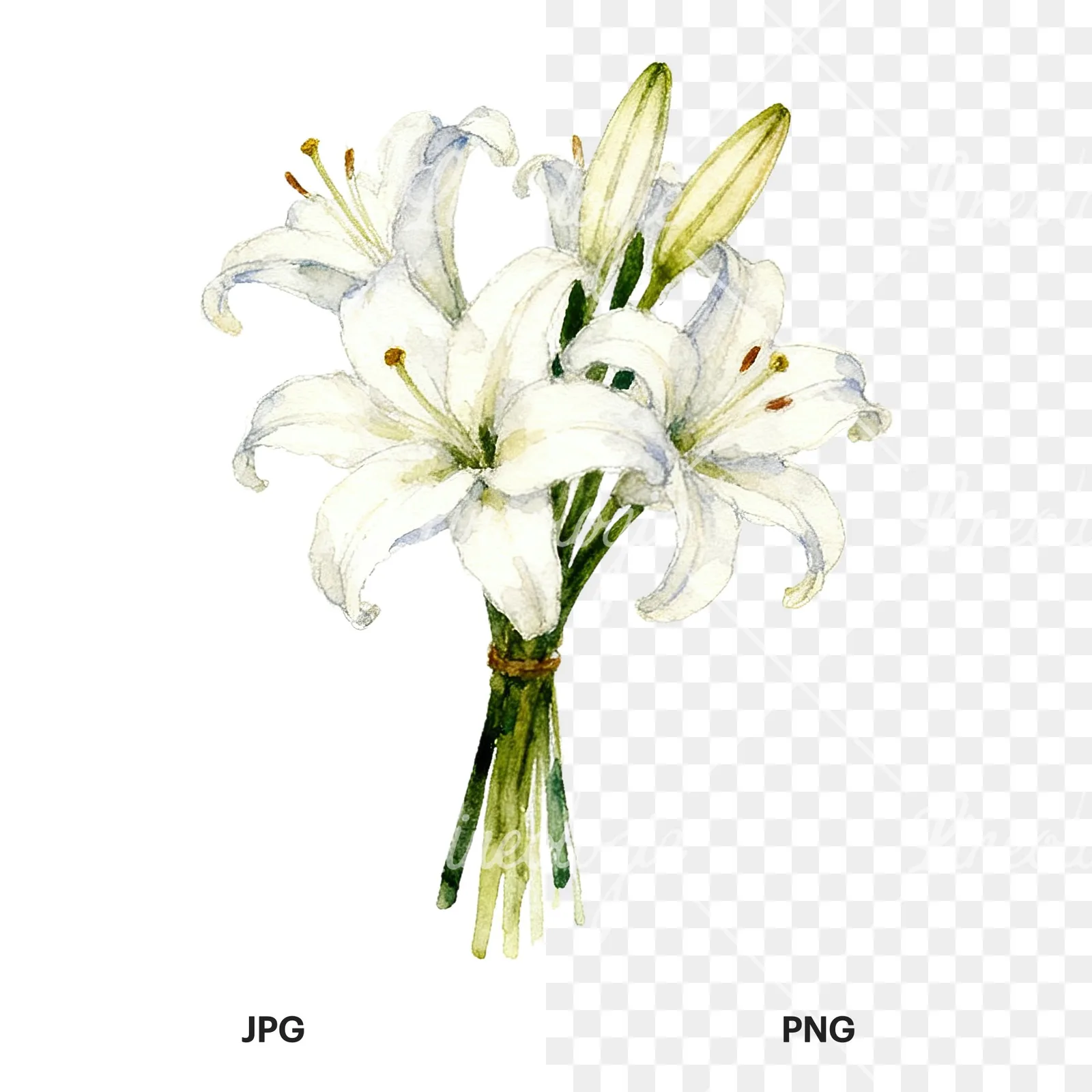 Watercolor white purple lily bouquet with agapanthus clipart 5 of 9, as a JPG on white and a transparent PNG