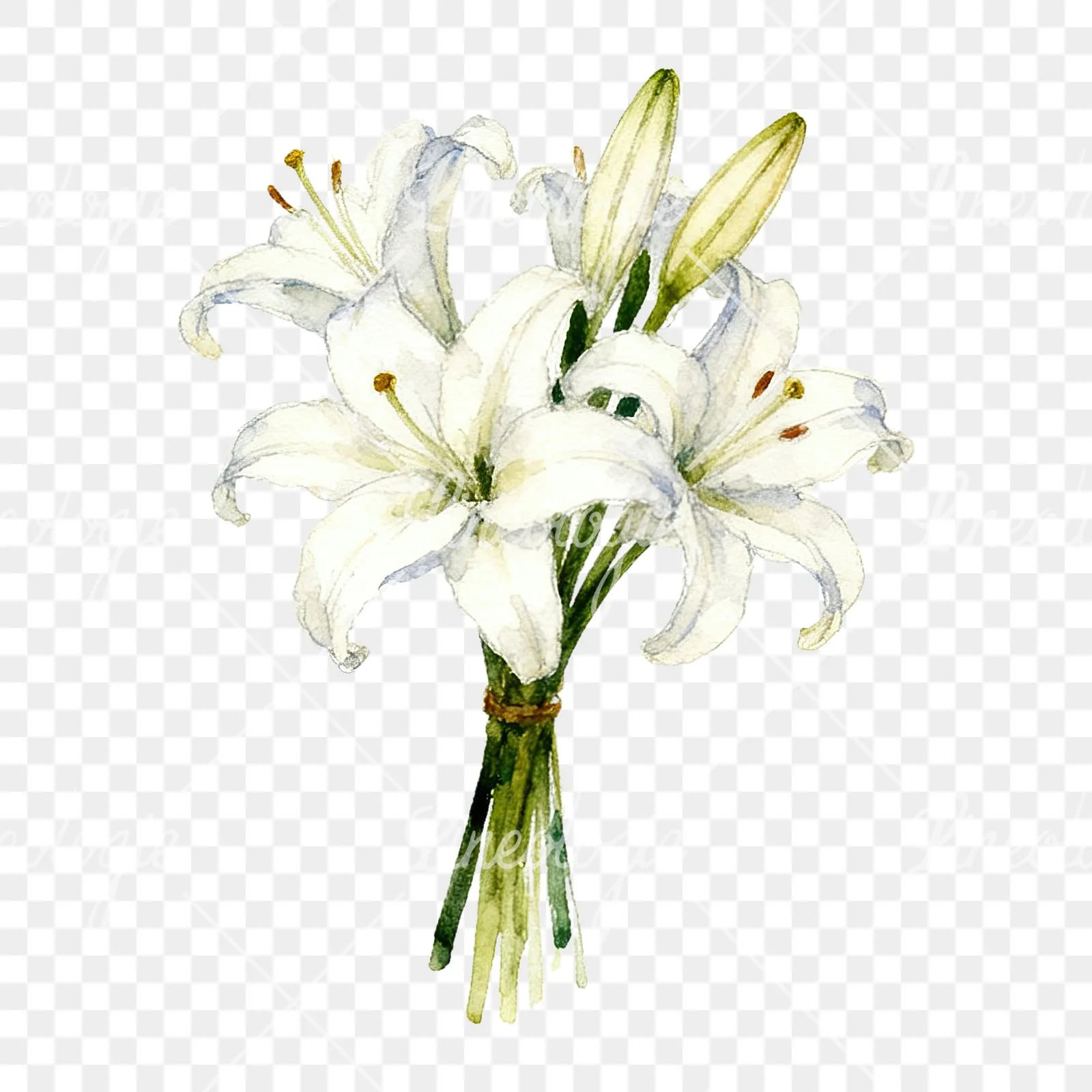 Watercolor white purple lily bouquet with agapanthus clipart 5 of 9 on a transparent background (PNG)