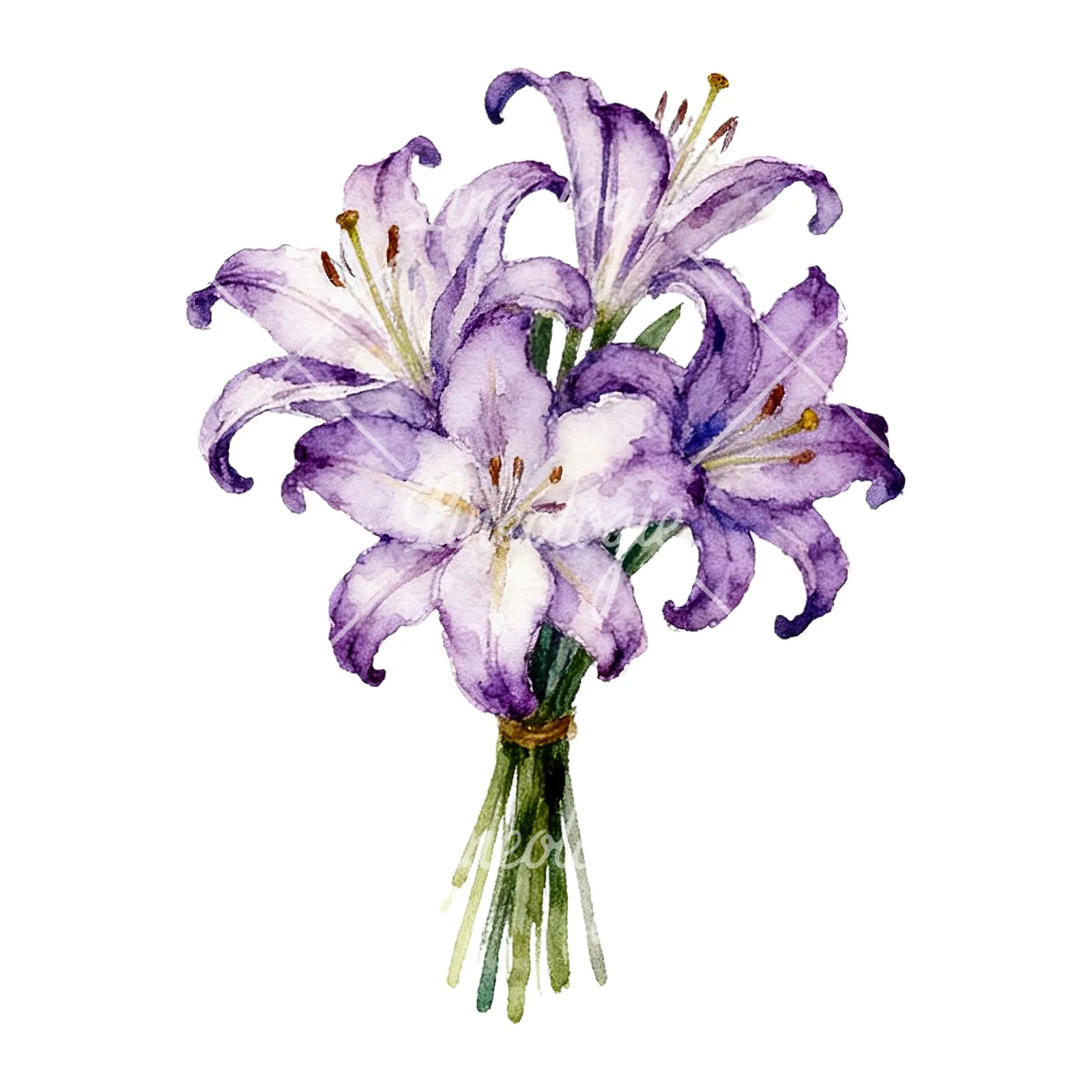 Watercolor white purple lily bouquet with agapanthus clipart 6 of 9 on a white background (JPG)