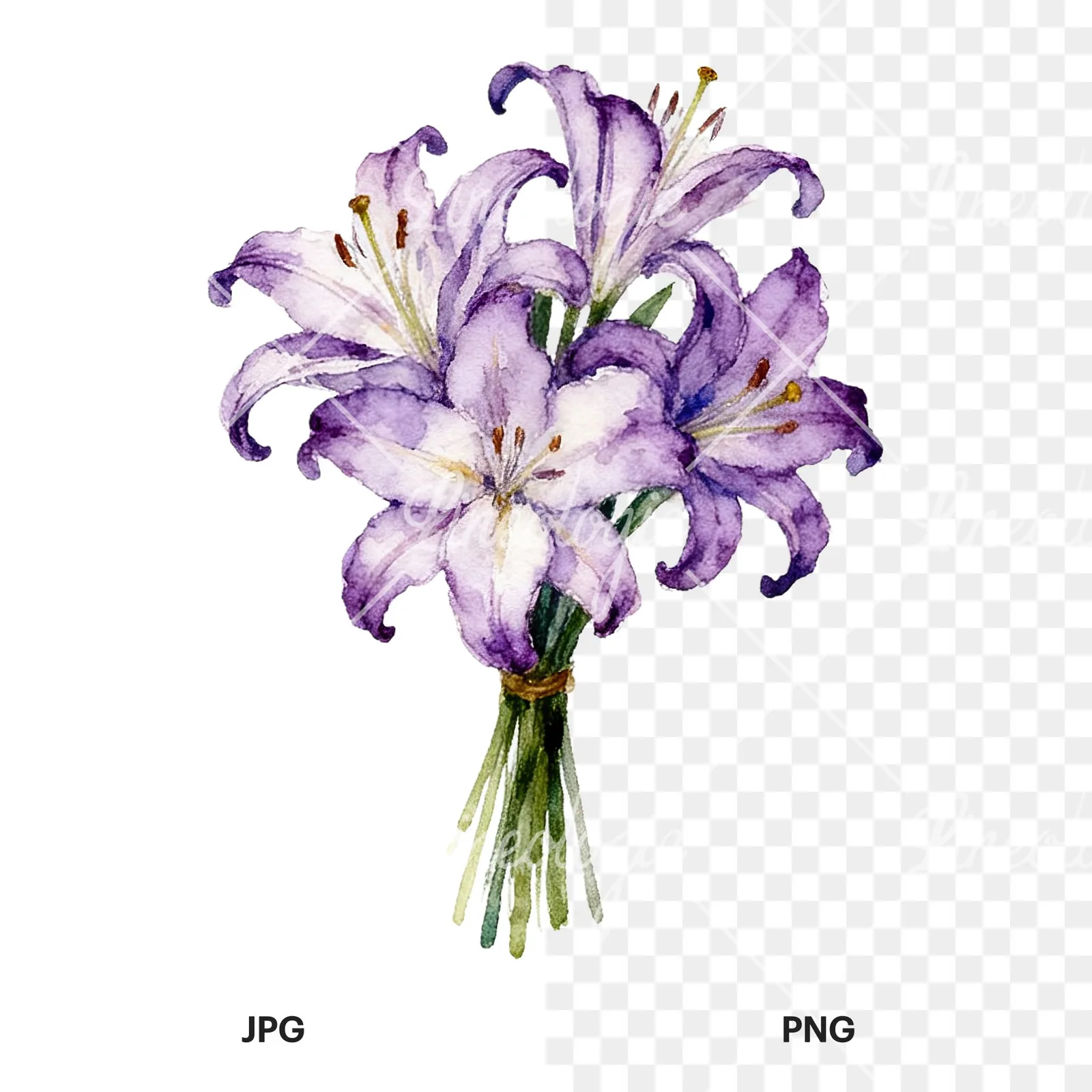 Watercolor white purple lily bouquet with agapanthus clipart 6 of 9, as a JPG on white and a transparent PNG