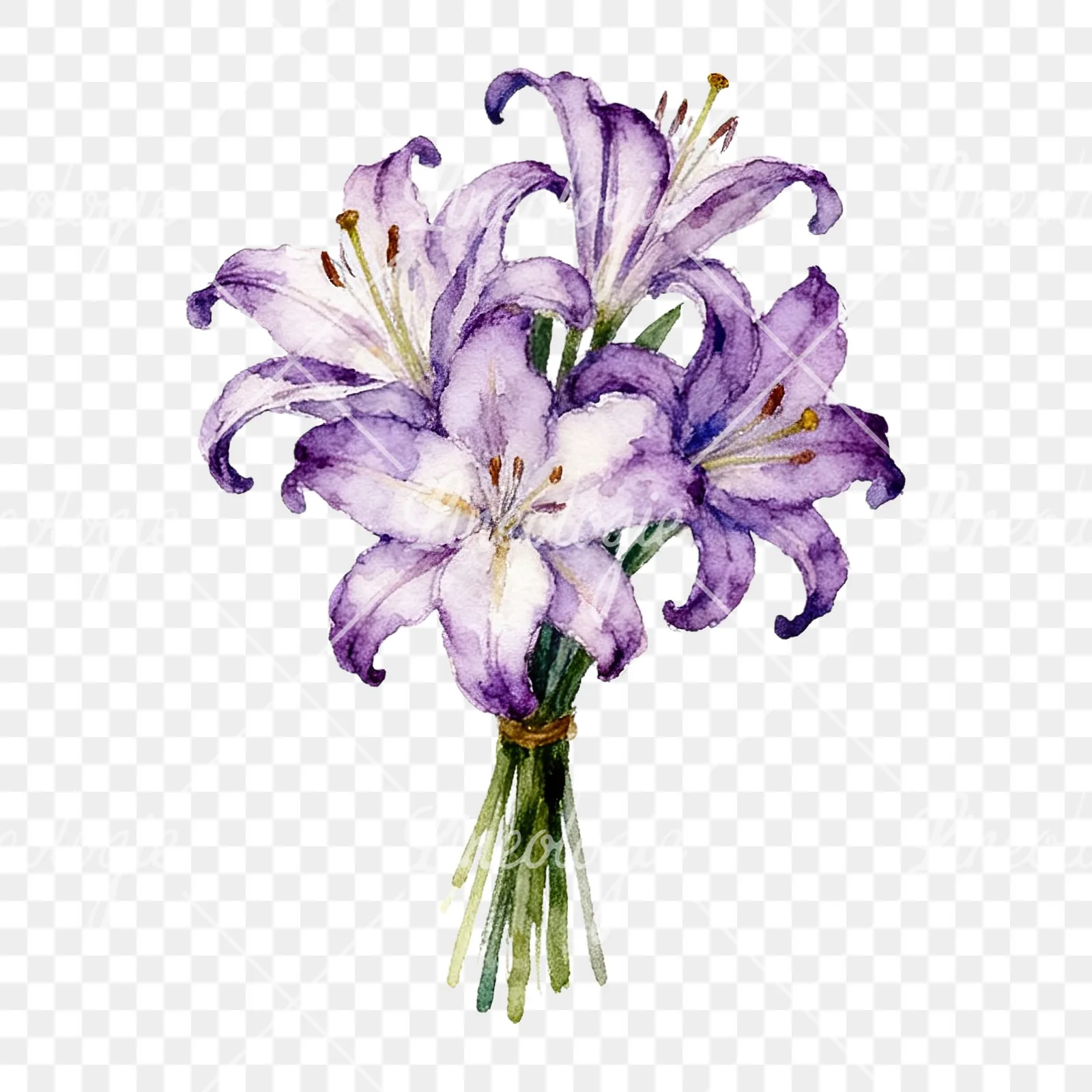 Watercolor white purple lily bouquet with agapanthus clipart 6 of 9 on a transparent background (PNG)