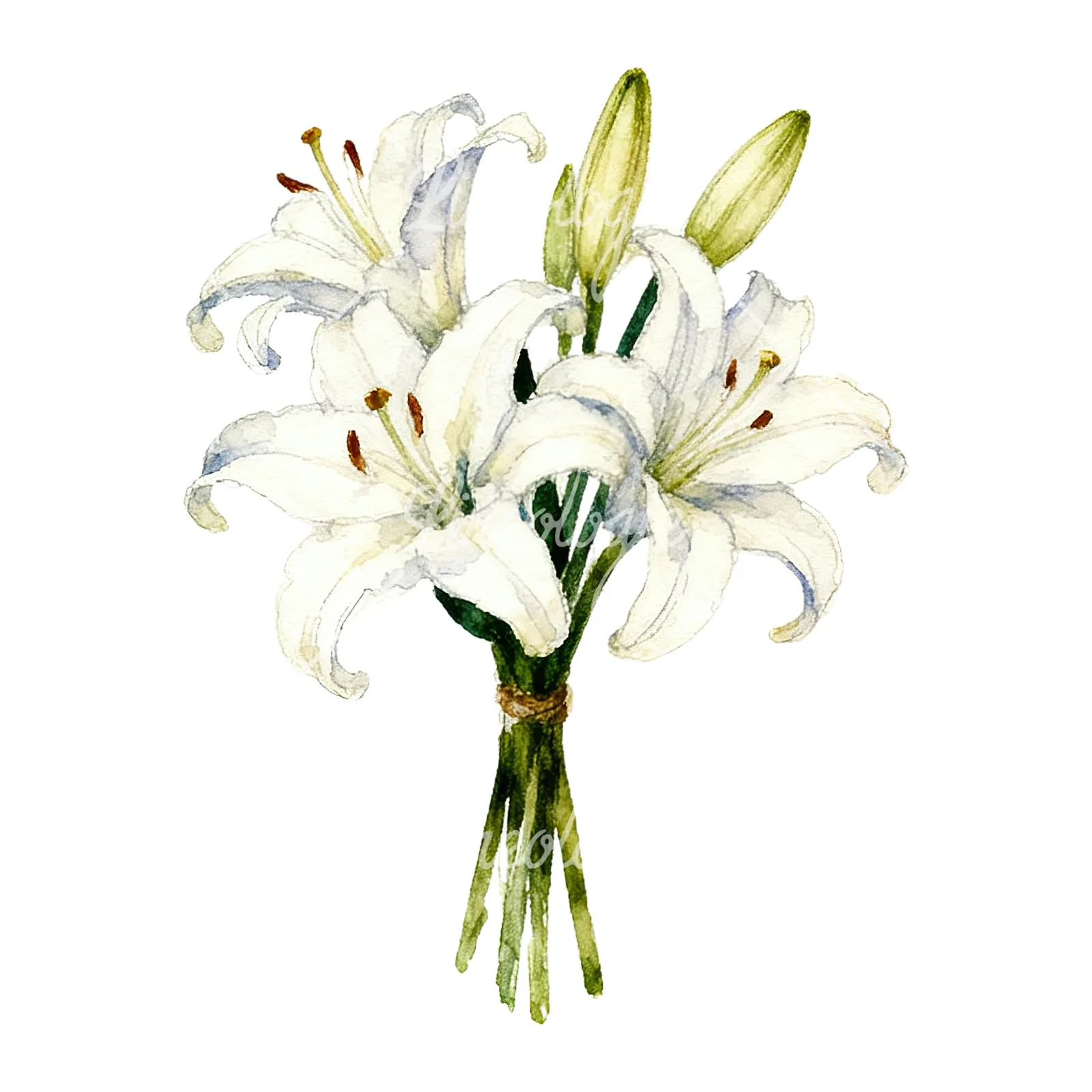 Watercolor white purple lily bouquet with agapanthus clipart 7 of 9 on a white background (JPG)
