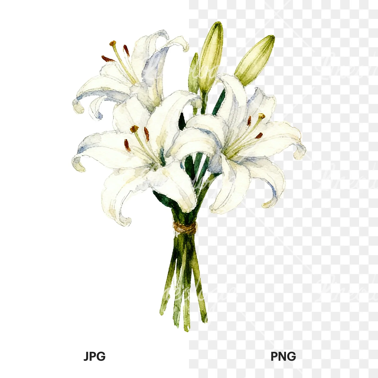 Watercolor white purple lily bouquet with agapanthus clipart 7 of 9, as a JPG on white and a transparent PNG