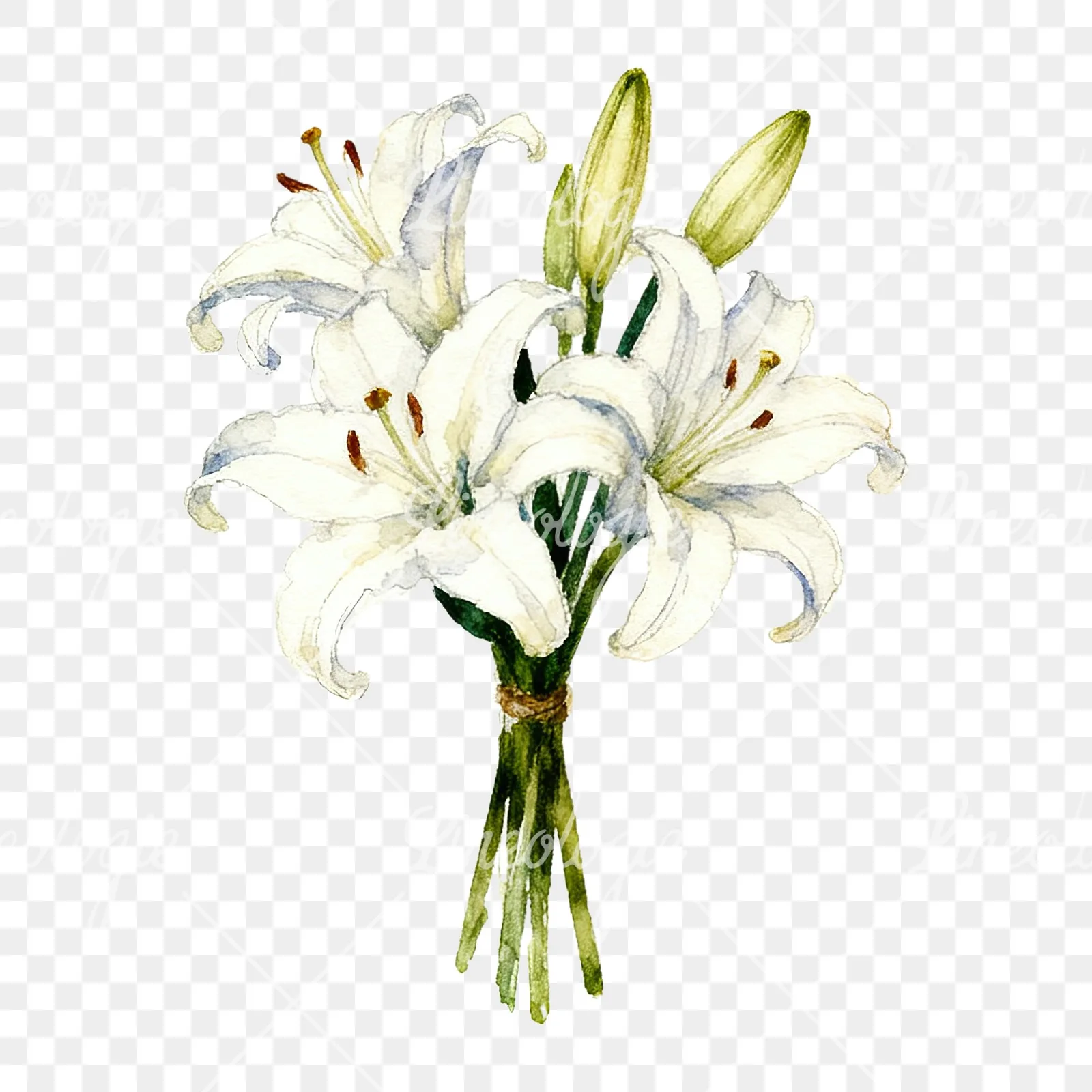Watercolor white purple lily bouquet with agapanthus clipart 7 of 9 on a transparent background (PNG)