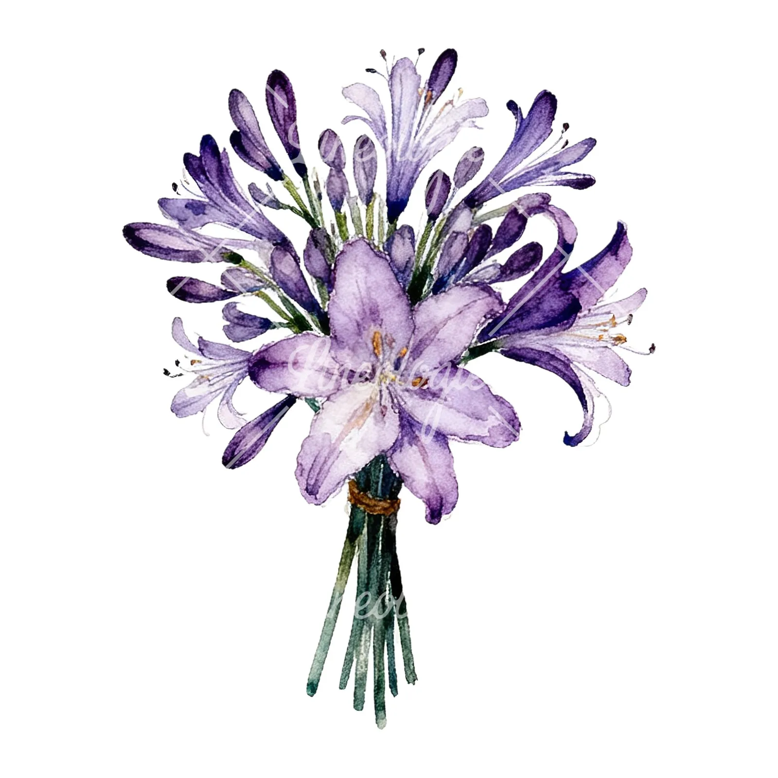 Watercolor white purple lily bouquet with agapanthus clipart 8 of 9 on a white background (JPG)