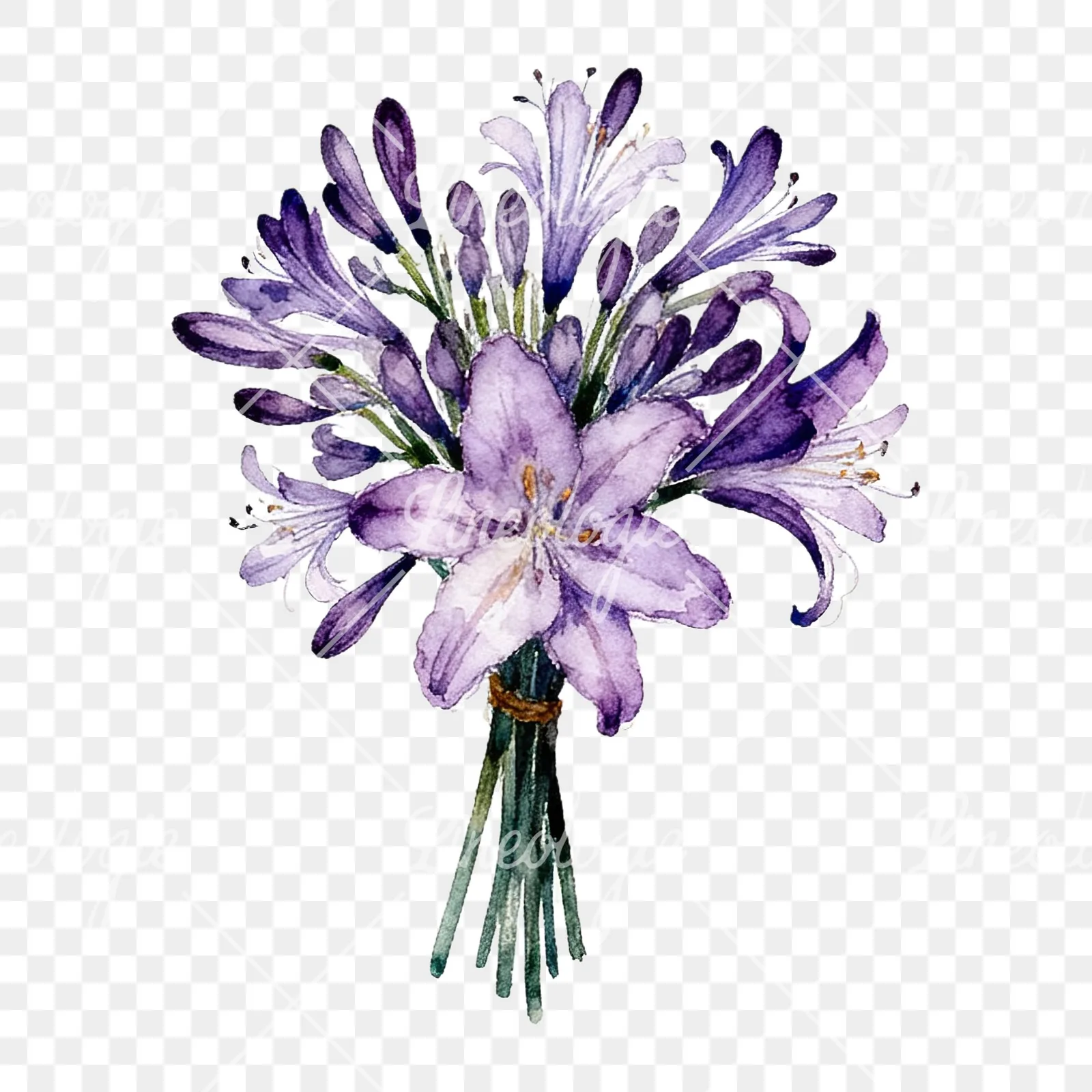 Watercolor white purple lily bouquet with agapanthus clipart 8 of 9 on a transparent background (PNG)