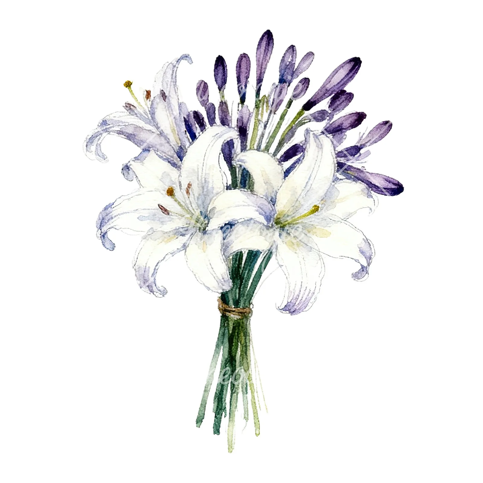 Watercolor white purple lily bouquet with agapanthus clipart 9 of 9 on a white background (JPG)