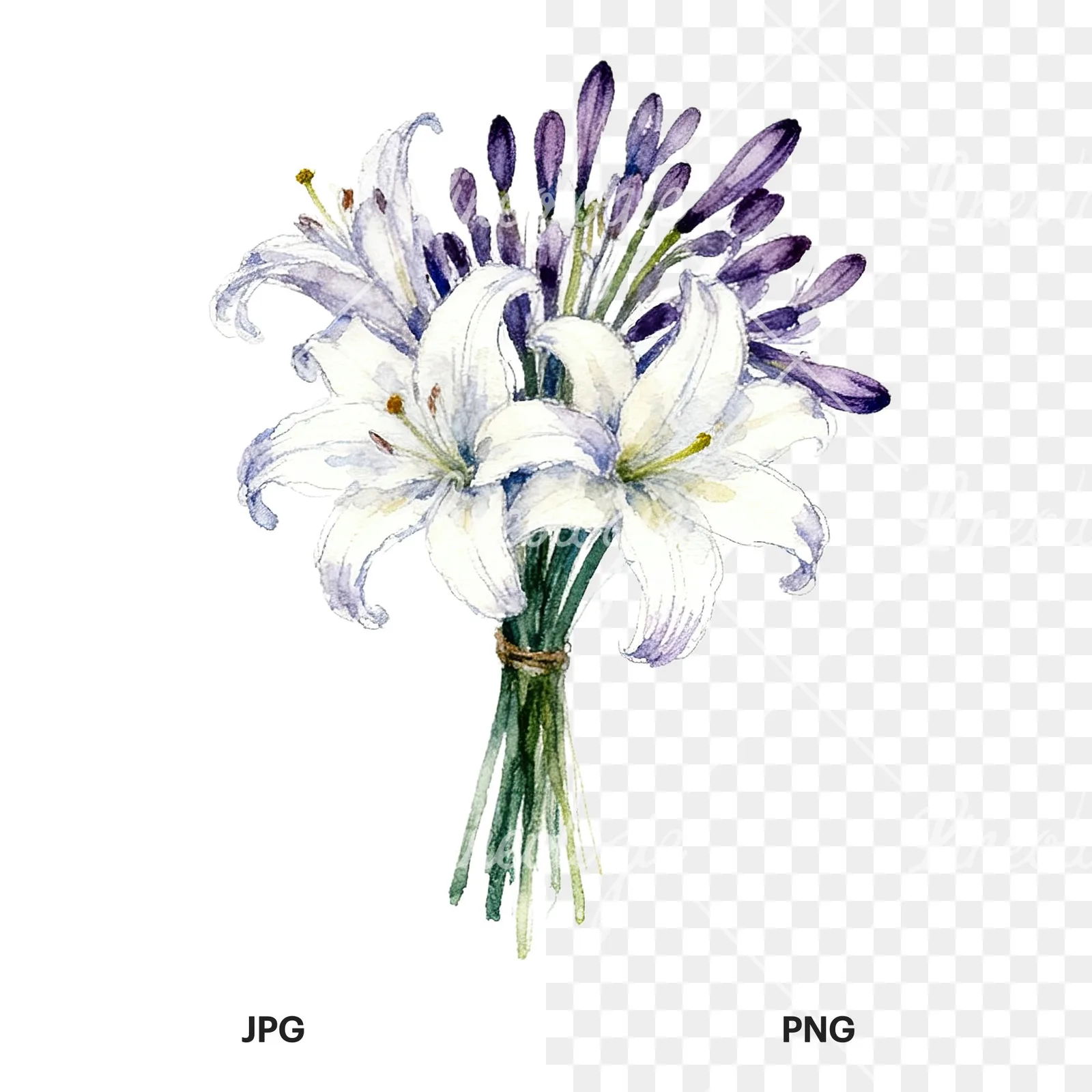 Watercolor white purple lily bouquet with agapanthus clipart 9 of 9, as a JPG on white and a transparent PNG