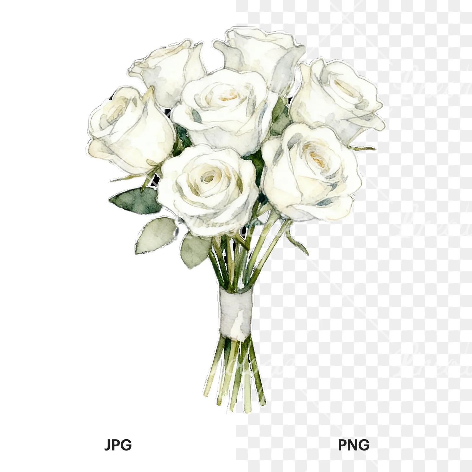 Watercolor white rose bouquet with flowers clipart 1 of 9, as a JPG on white and a transparent PNG