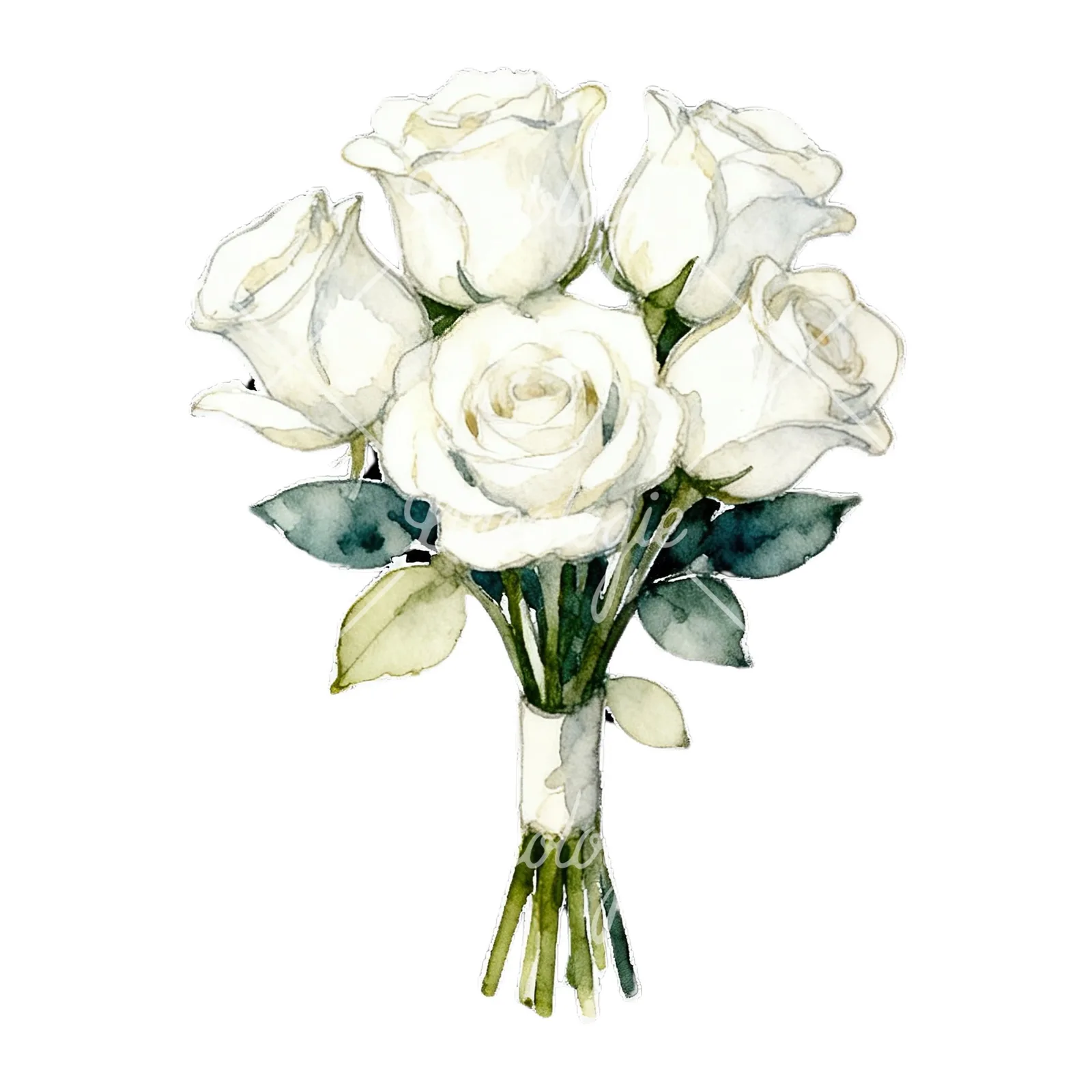 Watercolor white rose bouquet with flowers clipart 2 of 9 on a white background (JPG)