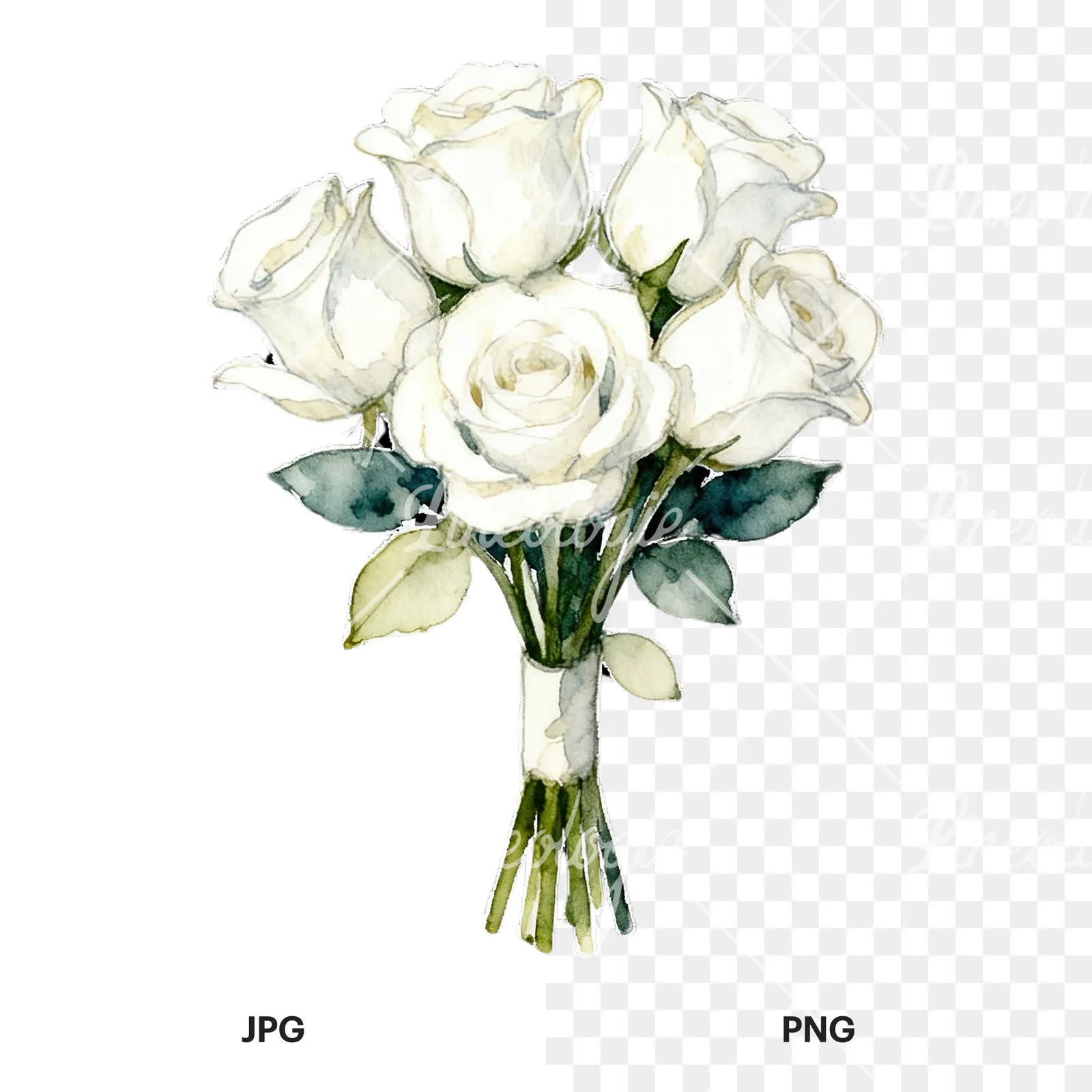 Watercolor white rose bouquet with flowers clipart 2 of 9, as a JPG on white and a transparent PNG
