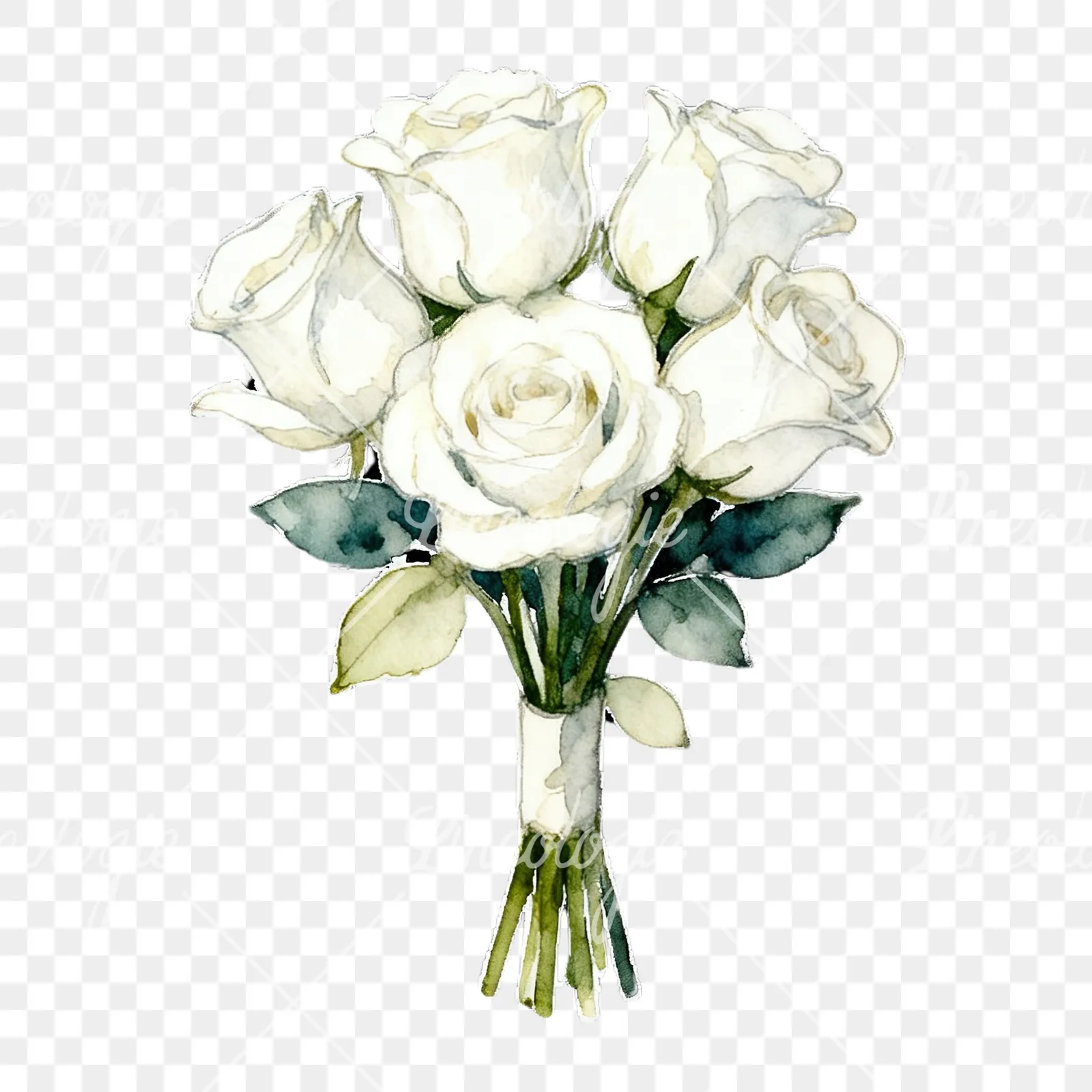 Watercolor white rose bouquet with flowers clipart 2 of 9 on a transparent background (PNG)