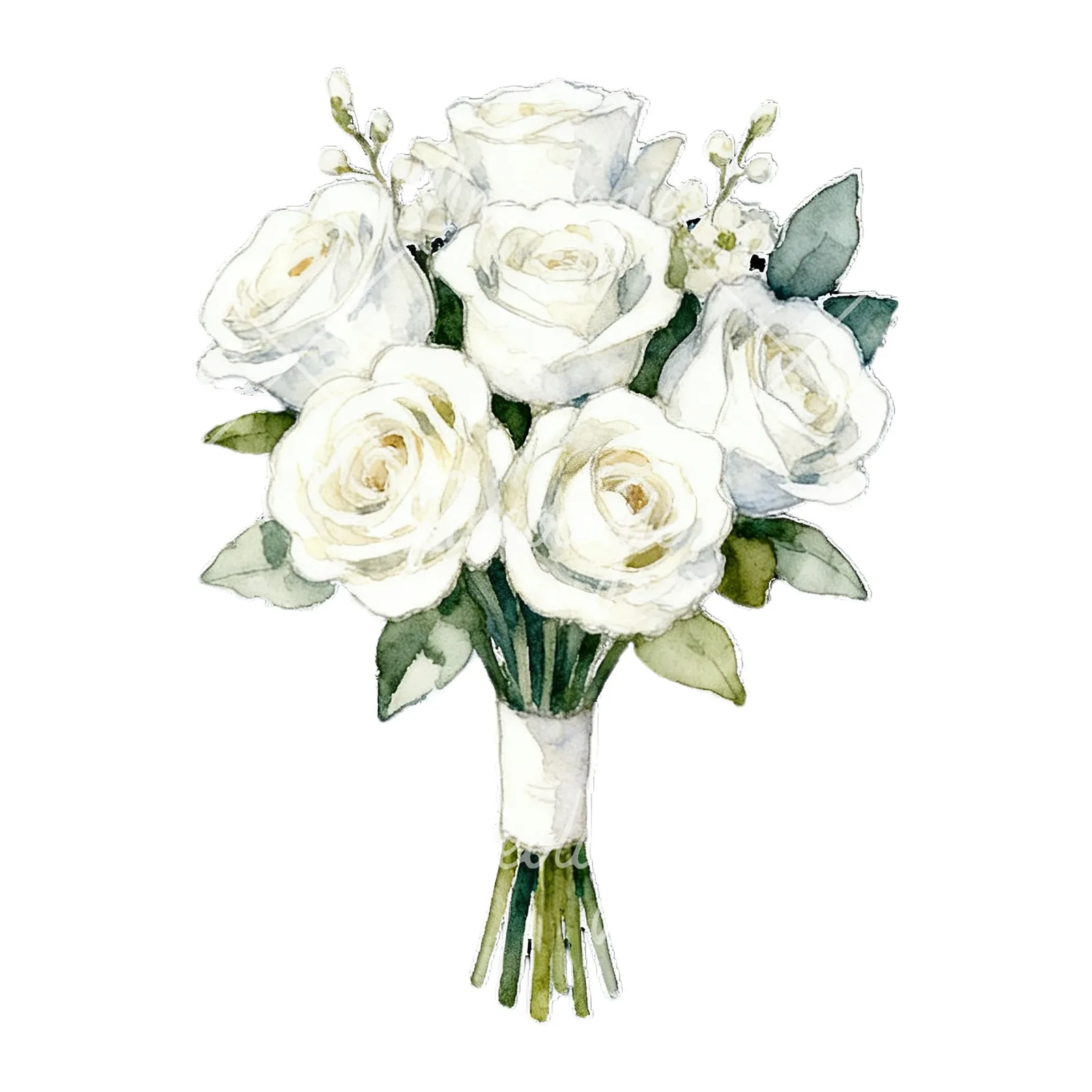 Watercolor white rose bouquet with flowers clipart 3 of 9 on a white background (JPG)