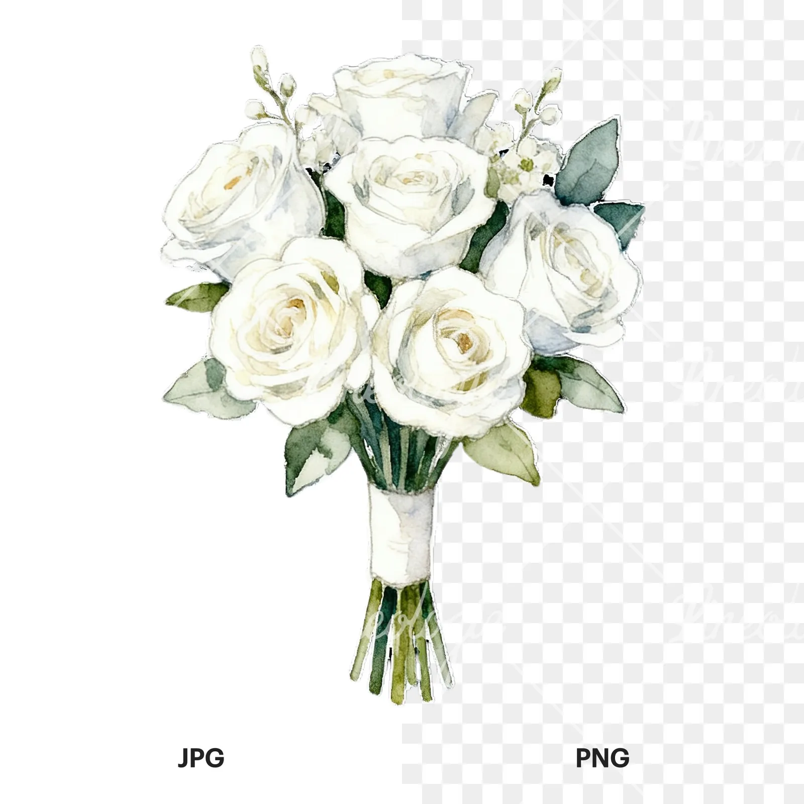 Watercolor white rose bouquet with flowers clipart 3 of 9, as a JPG on white and a transparent PNG