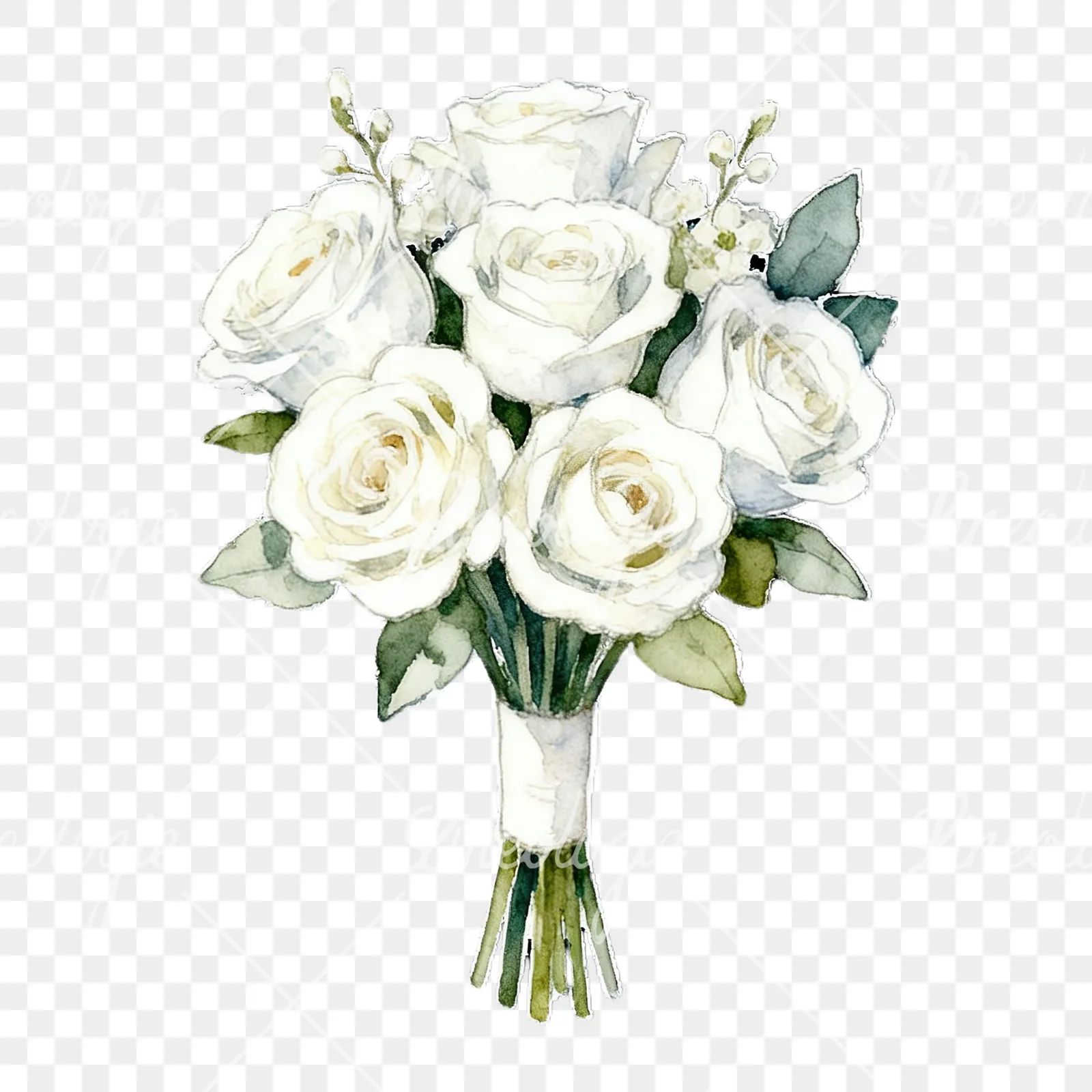 Watercolor white rose bouquet with flowers clipart 3 of 9 on a transparent background (PNG)