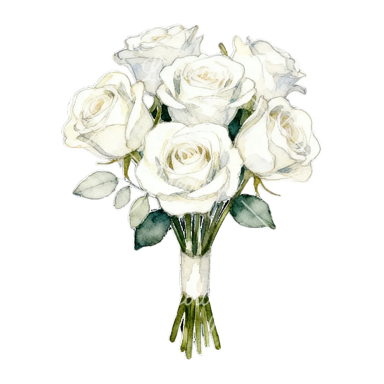 Watercolor white rose bouquet with flowers clipart 4 of 9 on a white background (JPG)
