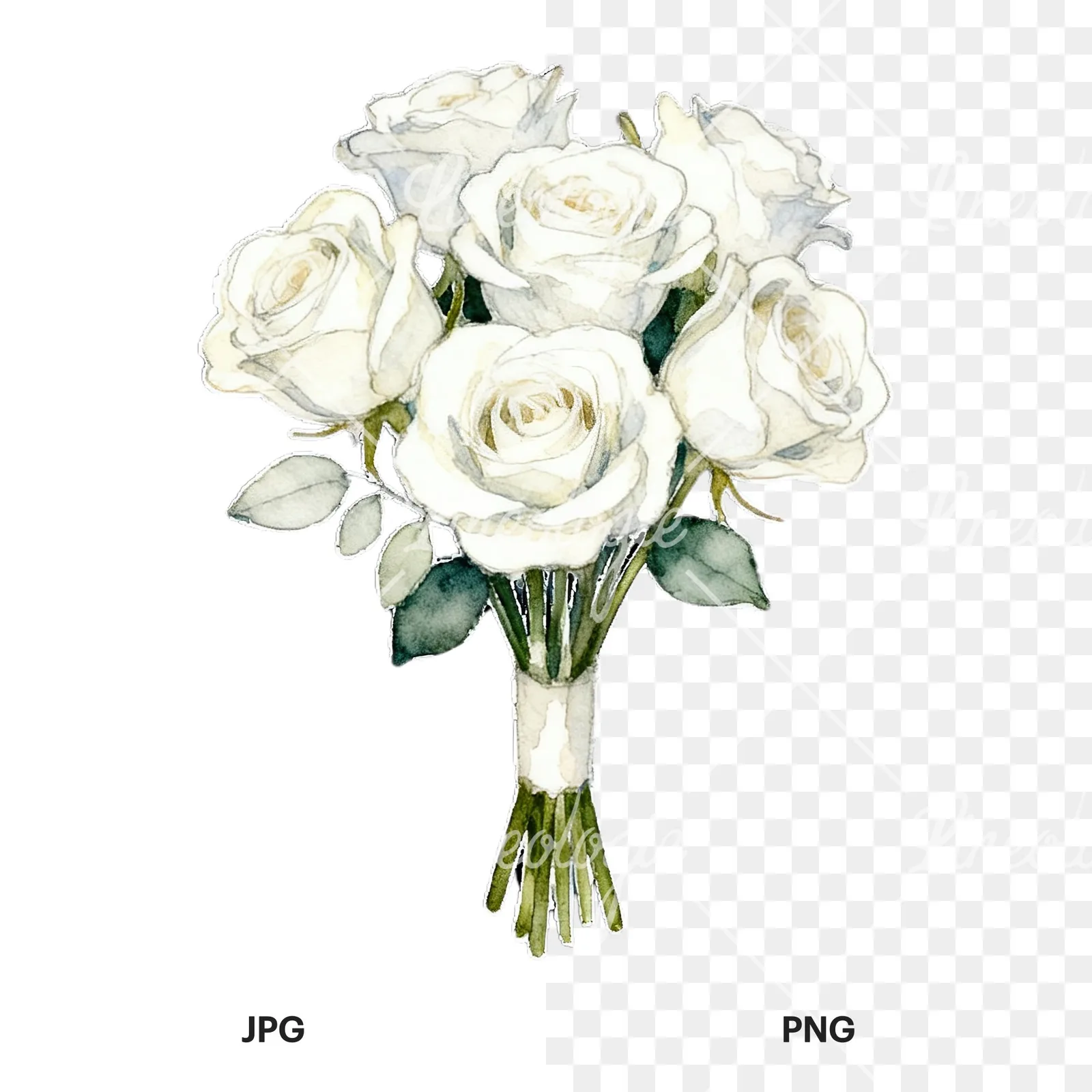 Watercolor white rose bouquet with flowers clipart 4 of 9, as a JPG on white and a transparent PNG