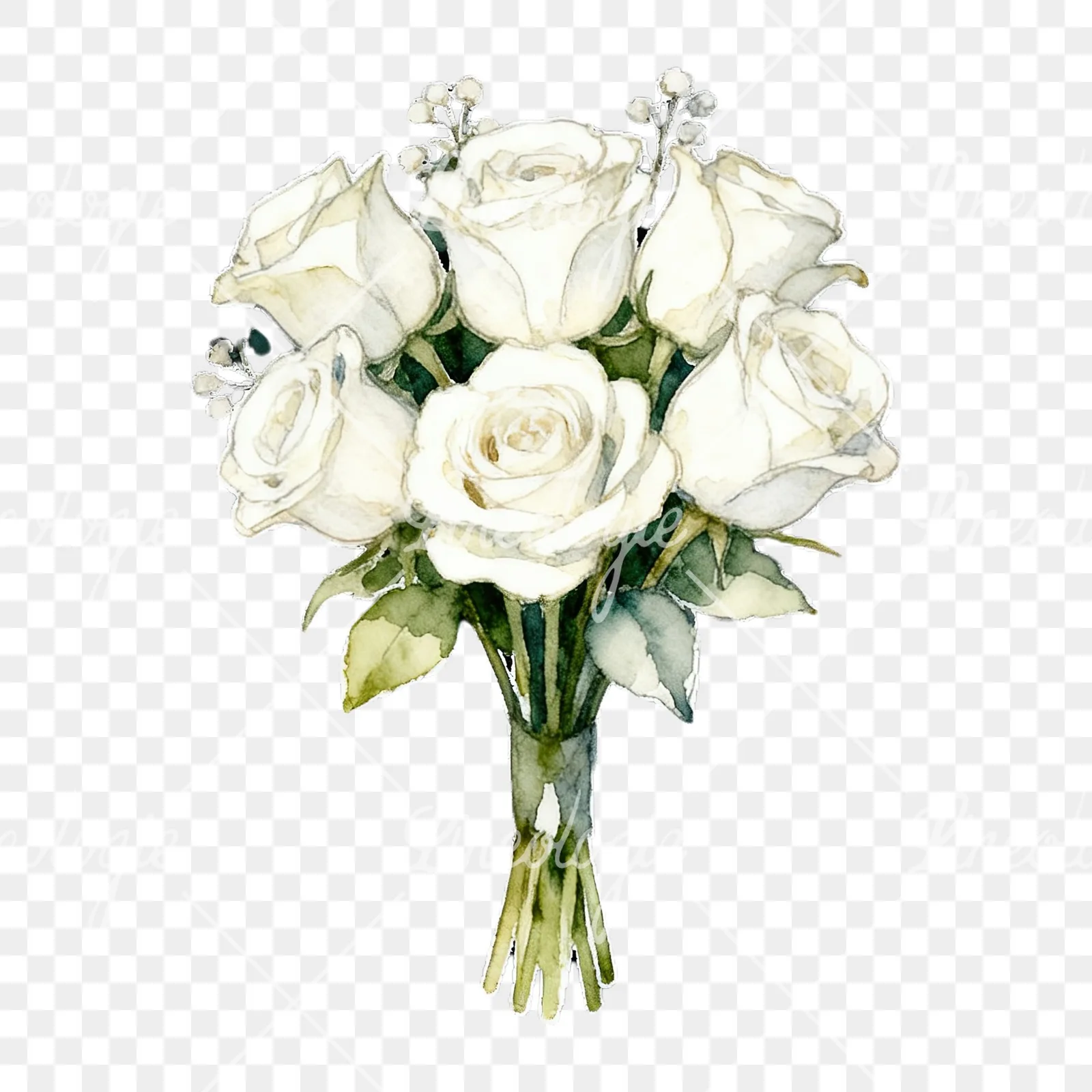 Watercolor white rose bouquet with flowers clipart 5 of 9 on a transparent background (PNG)