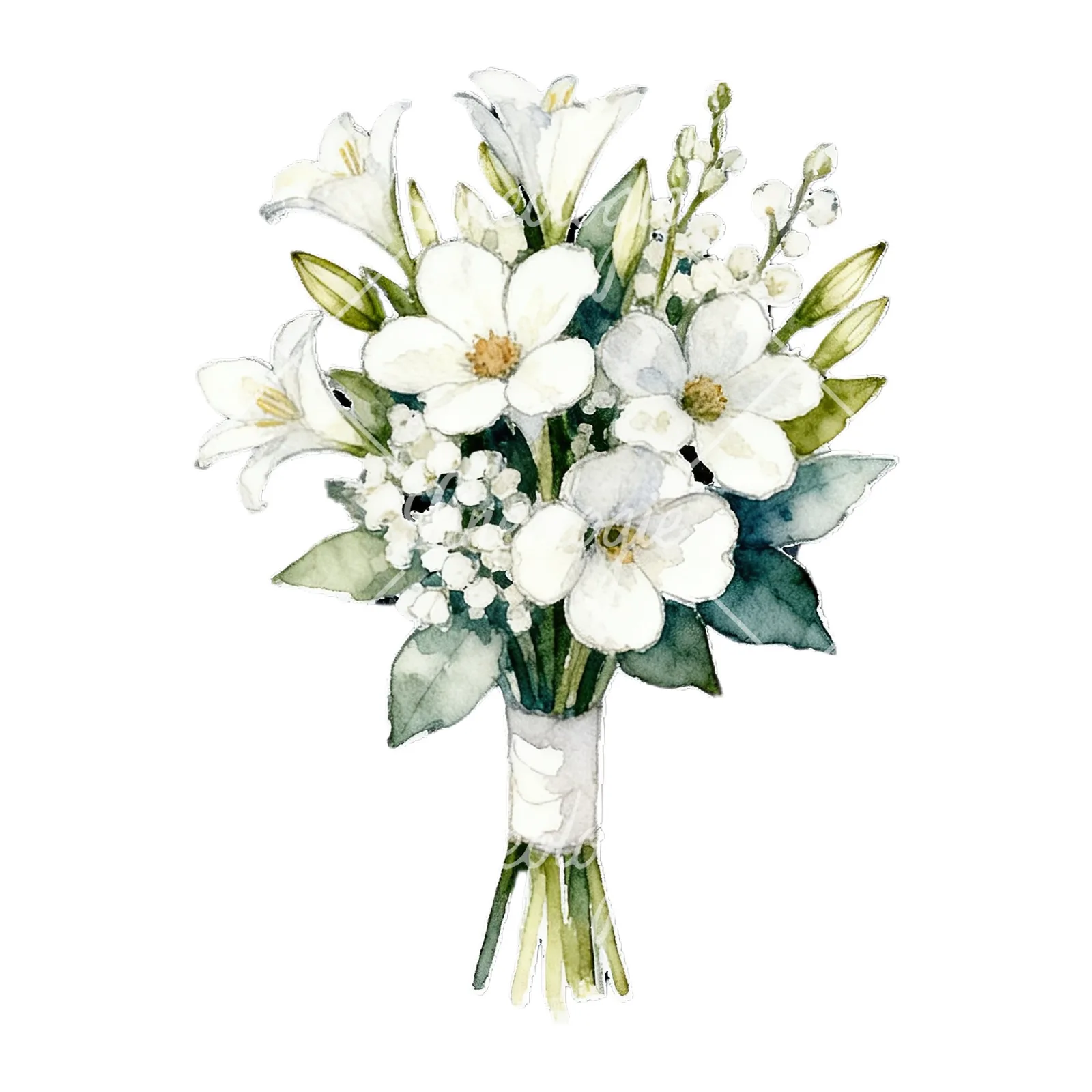 Watercolor white rose bouquet with flowers clipart 6 of 9 on a white background (JPG)