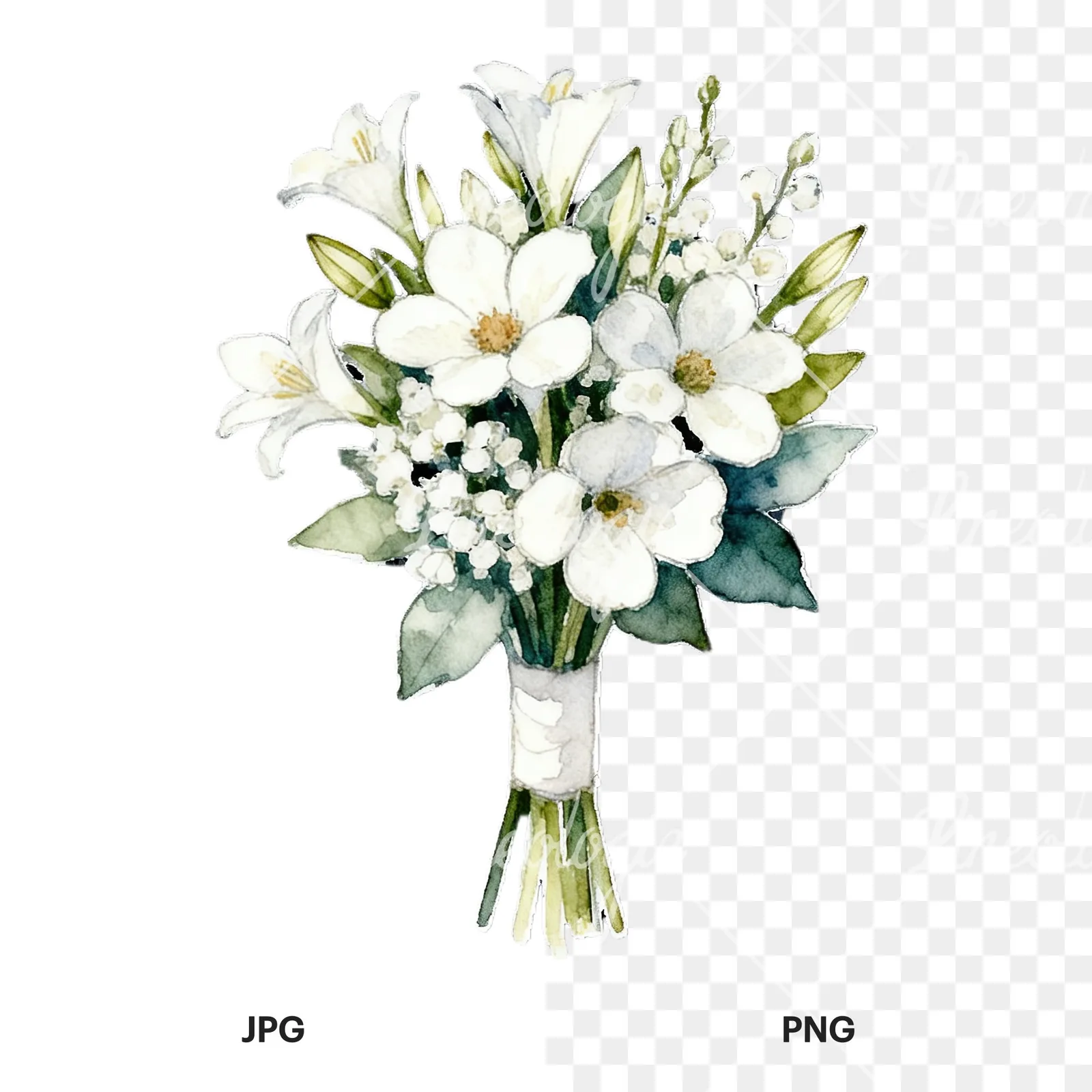 Watercolor white rose bouquet with flowers clipart 6 of 9, as a JPG on white and a transparent PNG