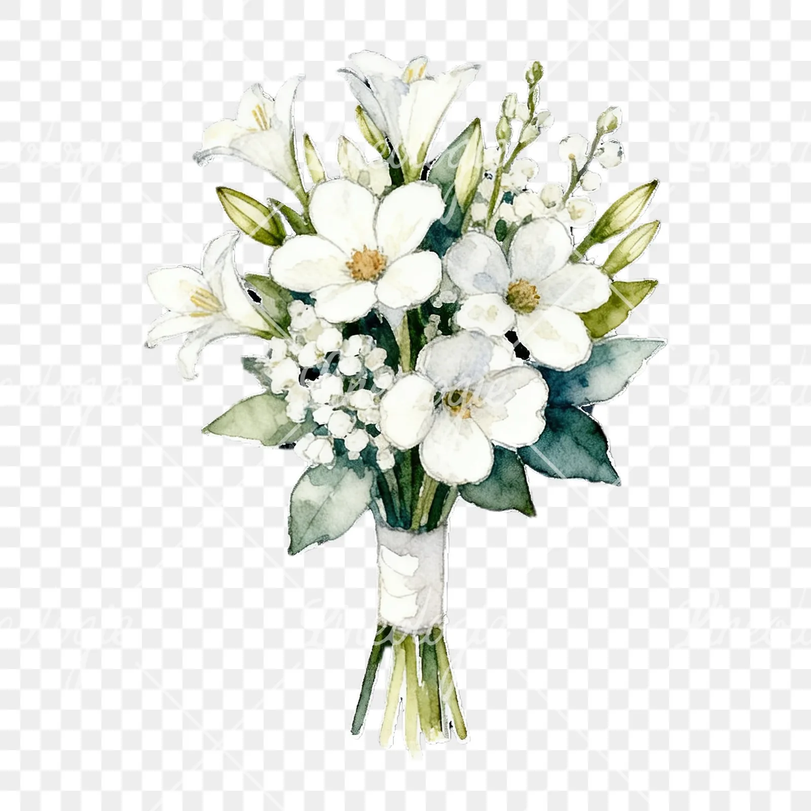 Watercolor white rose bouquet with flowers clipart 6 of 9 on a transparent background (PNG)