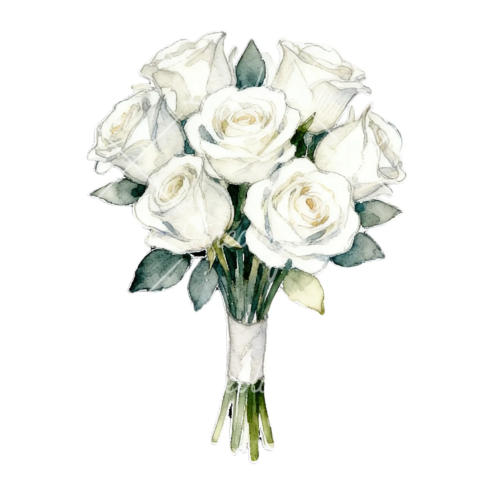 Watercolor white rose bouquet with flowers clipart 7 of 9 on a white background (JPG)