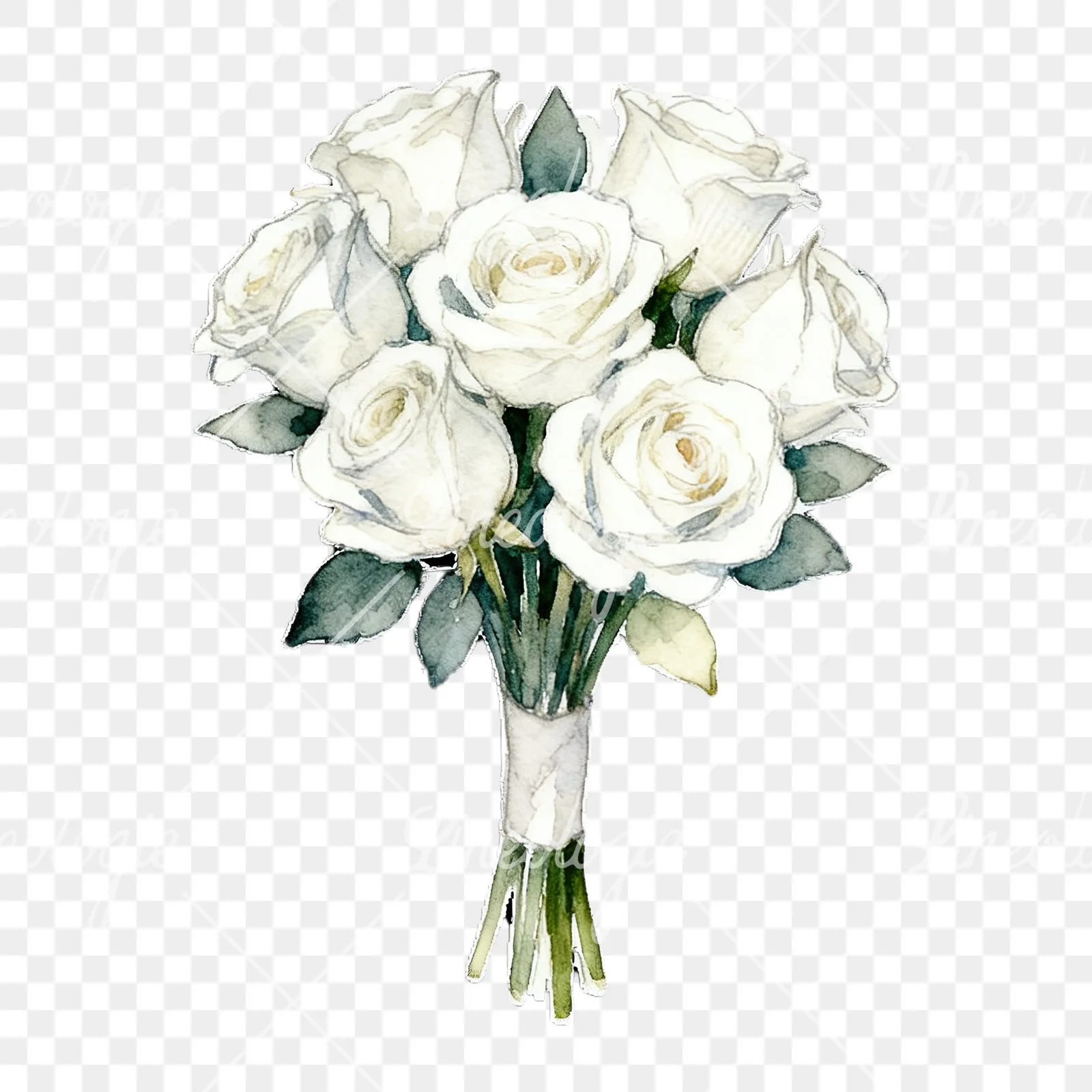 Watercolor white rose bouquet with flowers clipart 7 of 9 on a transparent background (PNG)