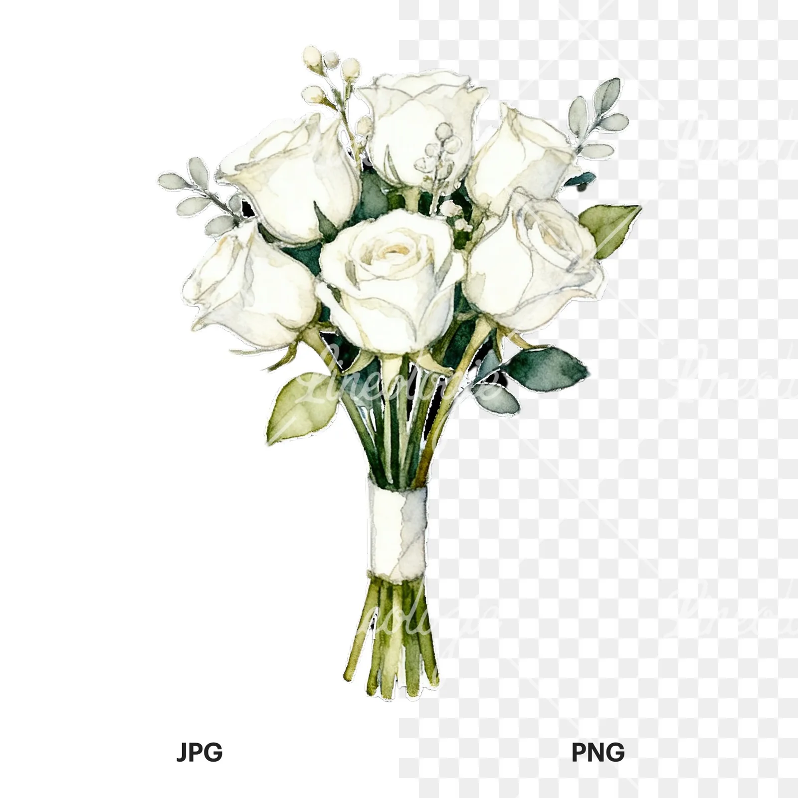 Watercolor white rose bouquet with flowers clipart 8 of 9, as a JPG on white and a transparent PNG