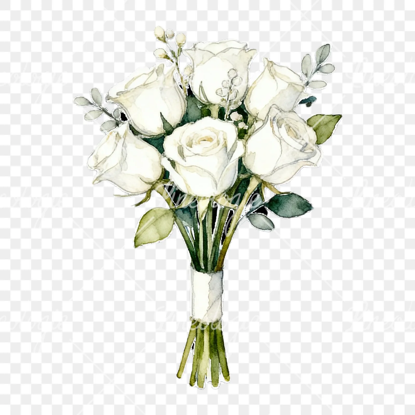 Watercolor white rose bouquet with flowers clipart 8 of 9 on a transparent background (PNG)