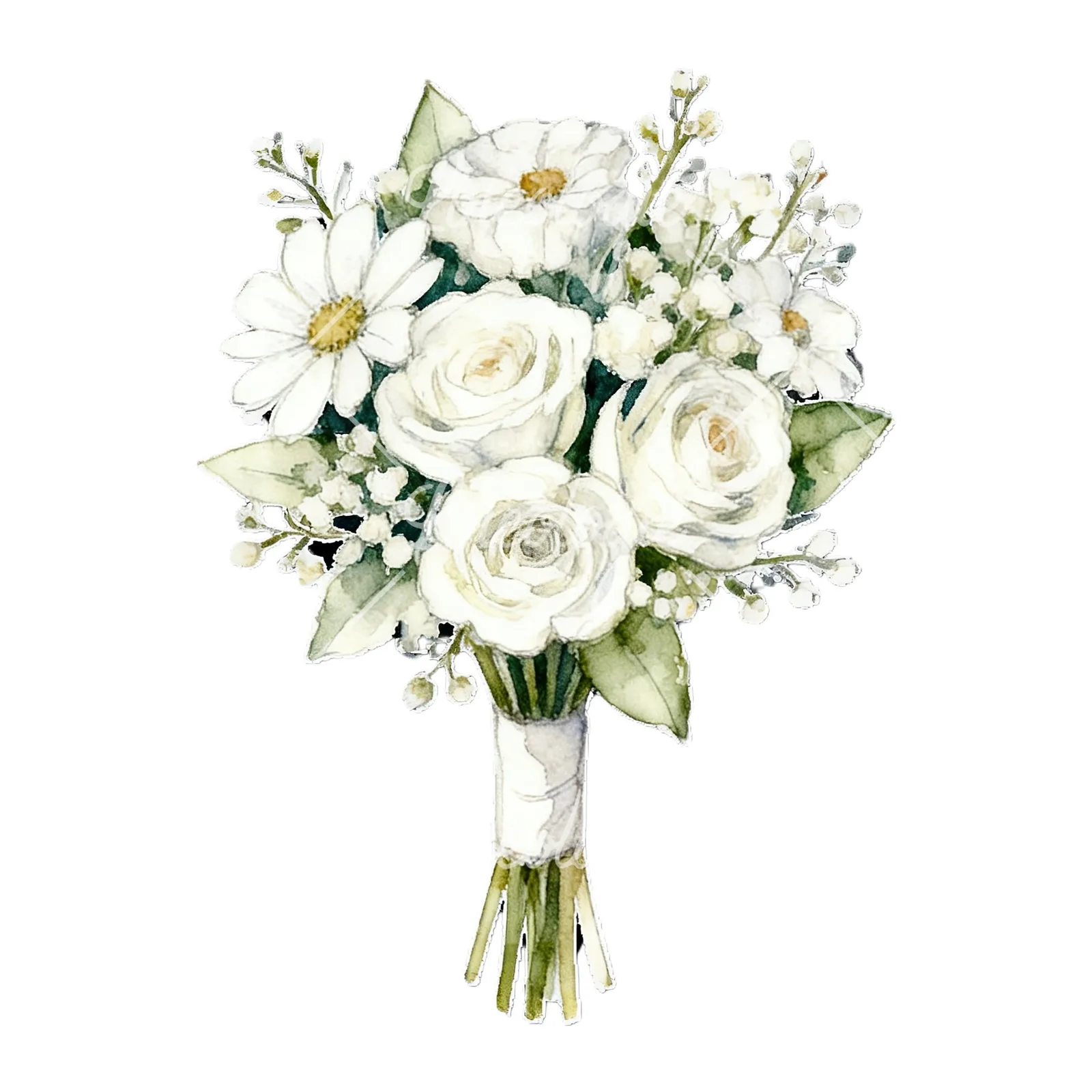 Watercolor white rose bouquet with flowers clipart 9 of 9 on a white background (JPG)