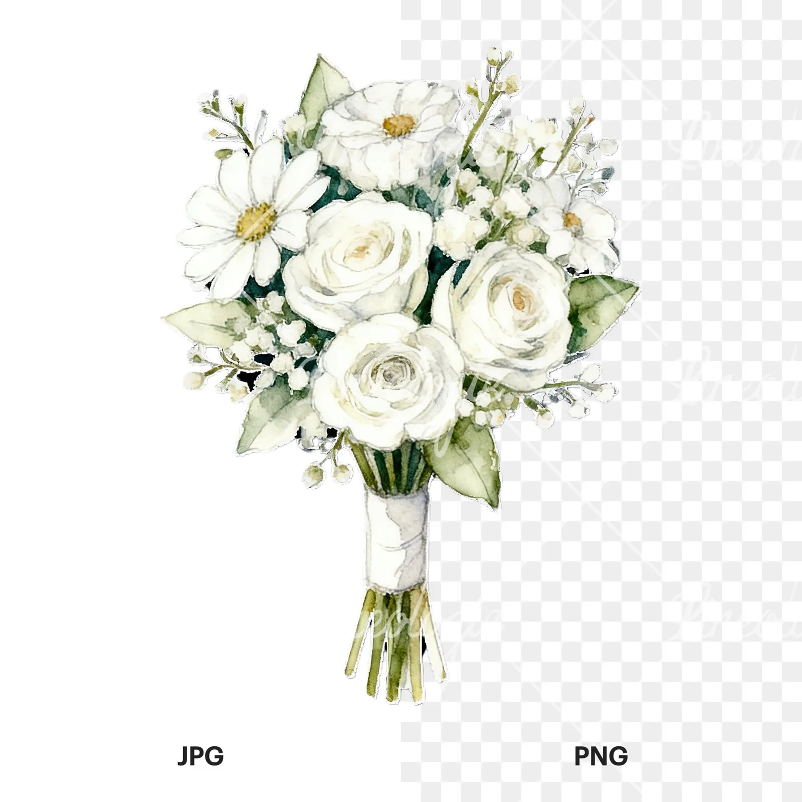 Watercolor white rose bouquet with flowers clipart 9 of 9, as a JPG on white and a transparent PNG