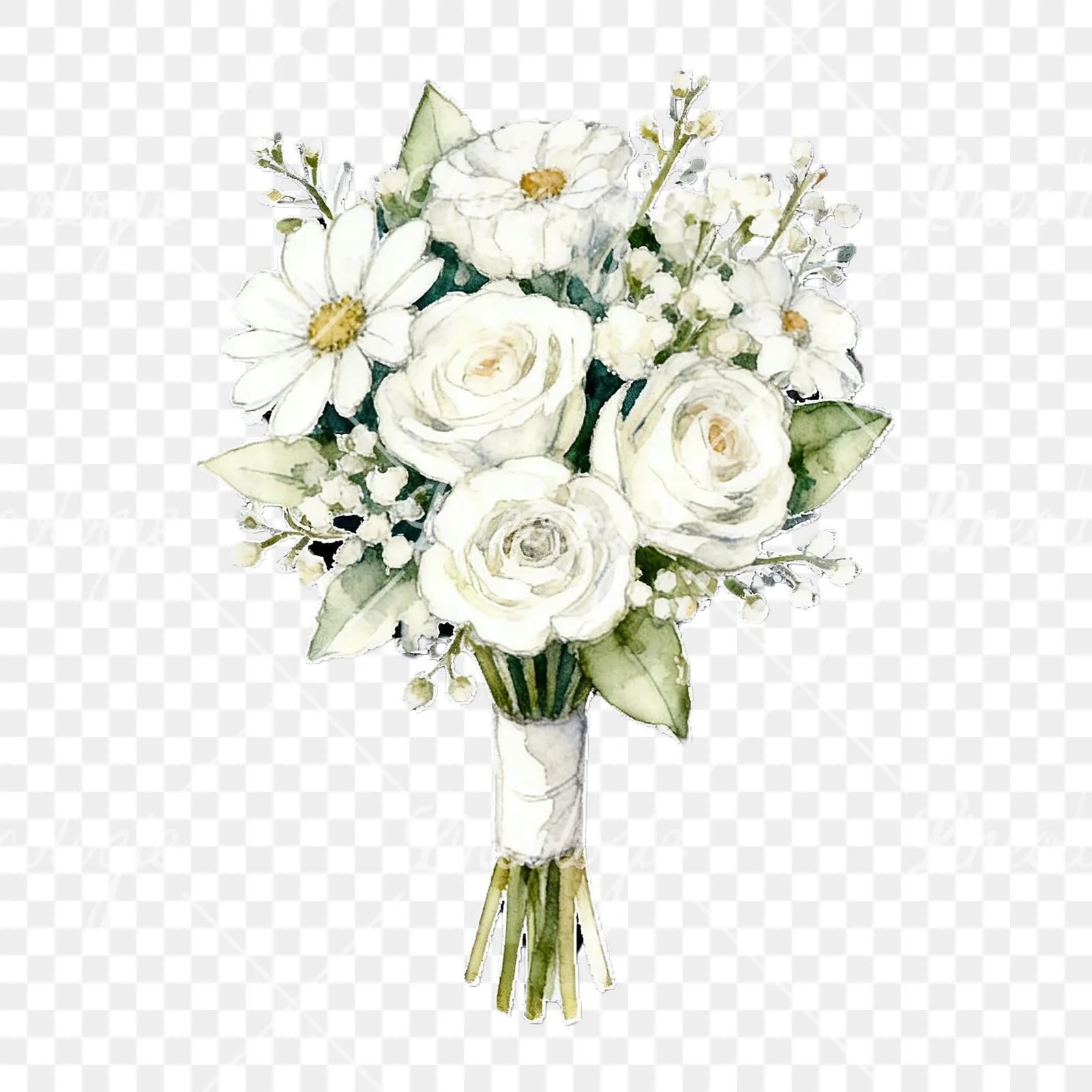 Watercolor white rose bouquet with flowers clipart 9 of 9 on a transparent background (PNG)