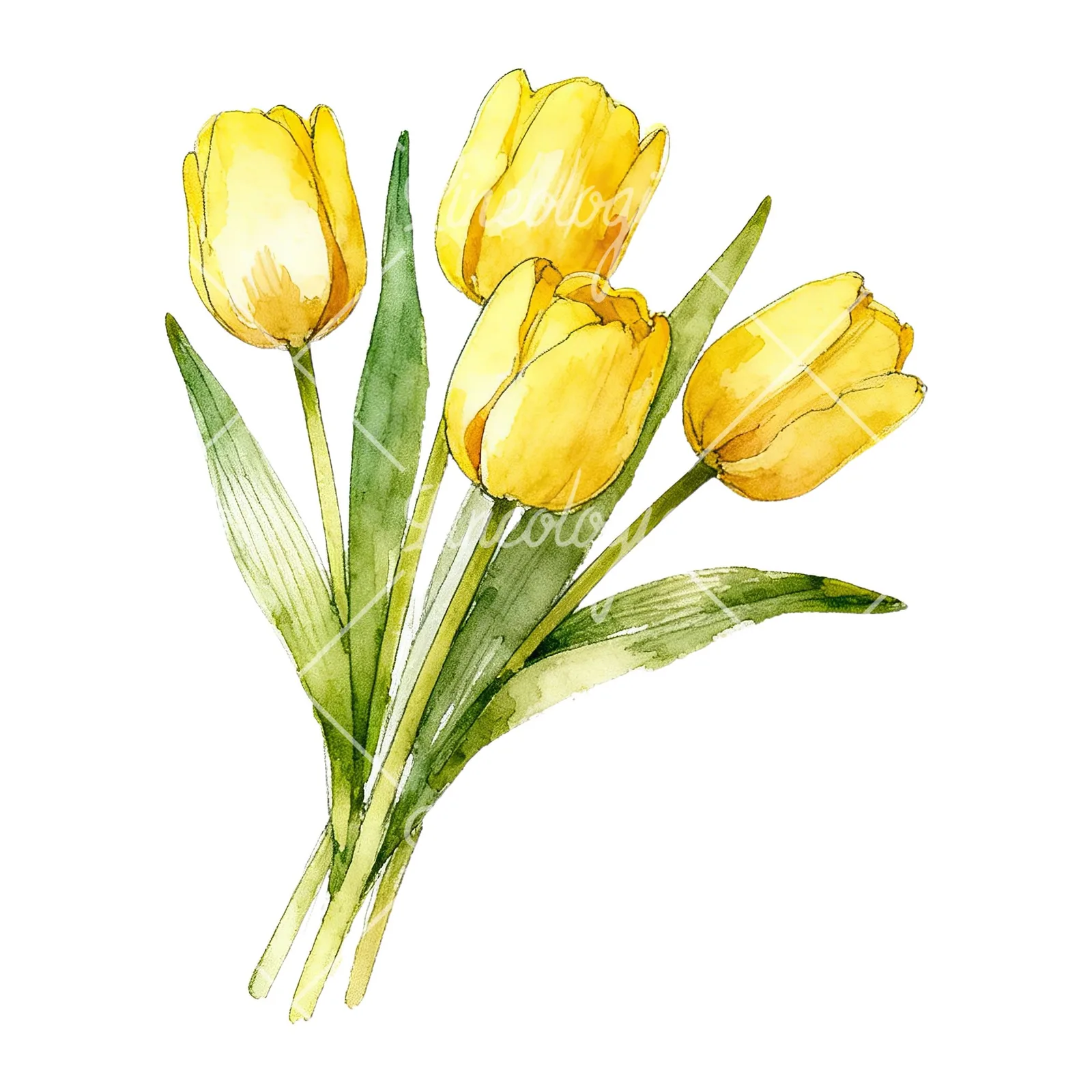 Watercolor loose yellow tulip bouquet clipart 1 of 9 on a white background (JPG)
