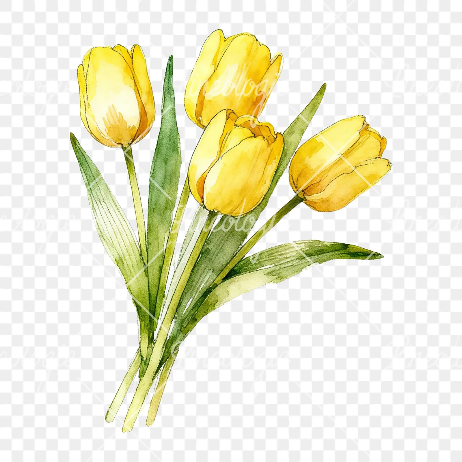 Watercolor loose yellow tulip bouquet clipart 1 of 9 on a transparent background (PNG)