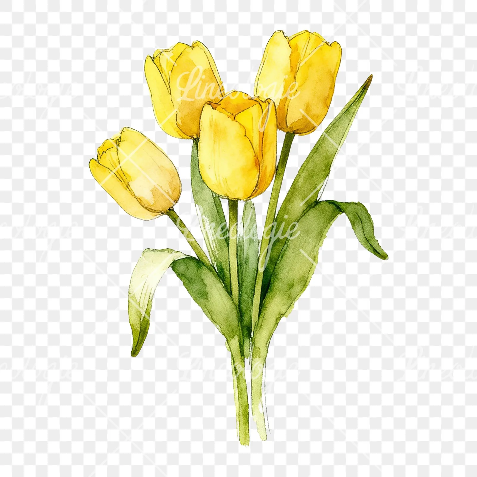 Watercolor loose yellow tulip bouquet clipart 2 of 9 on a transparent background (PNG)