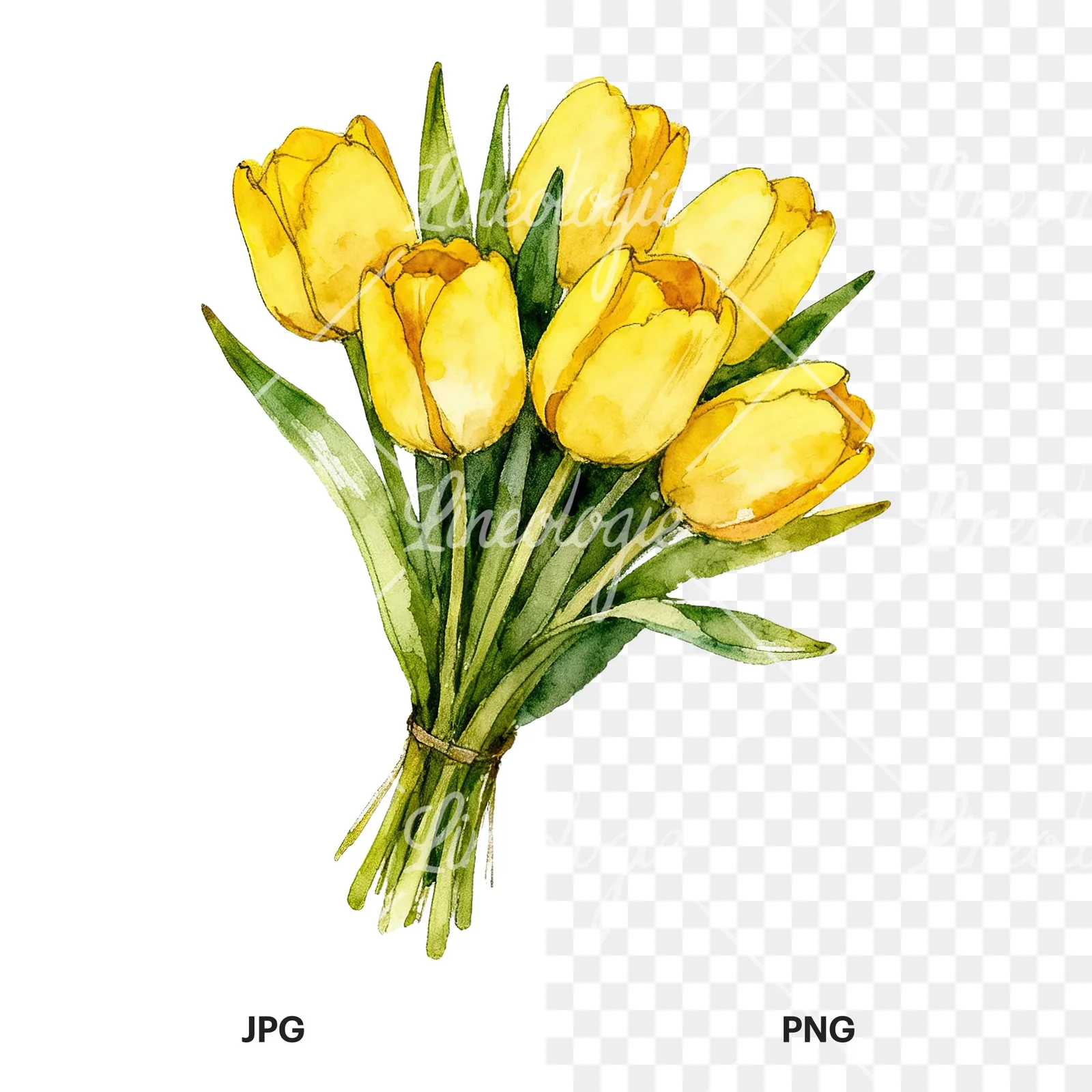 Watercolor loose yellow tulip bouquet clipart 4 of 9, as a JPG on white and a transparent PNG