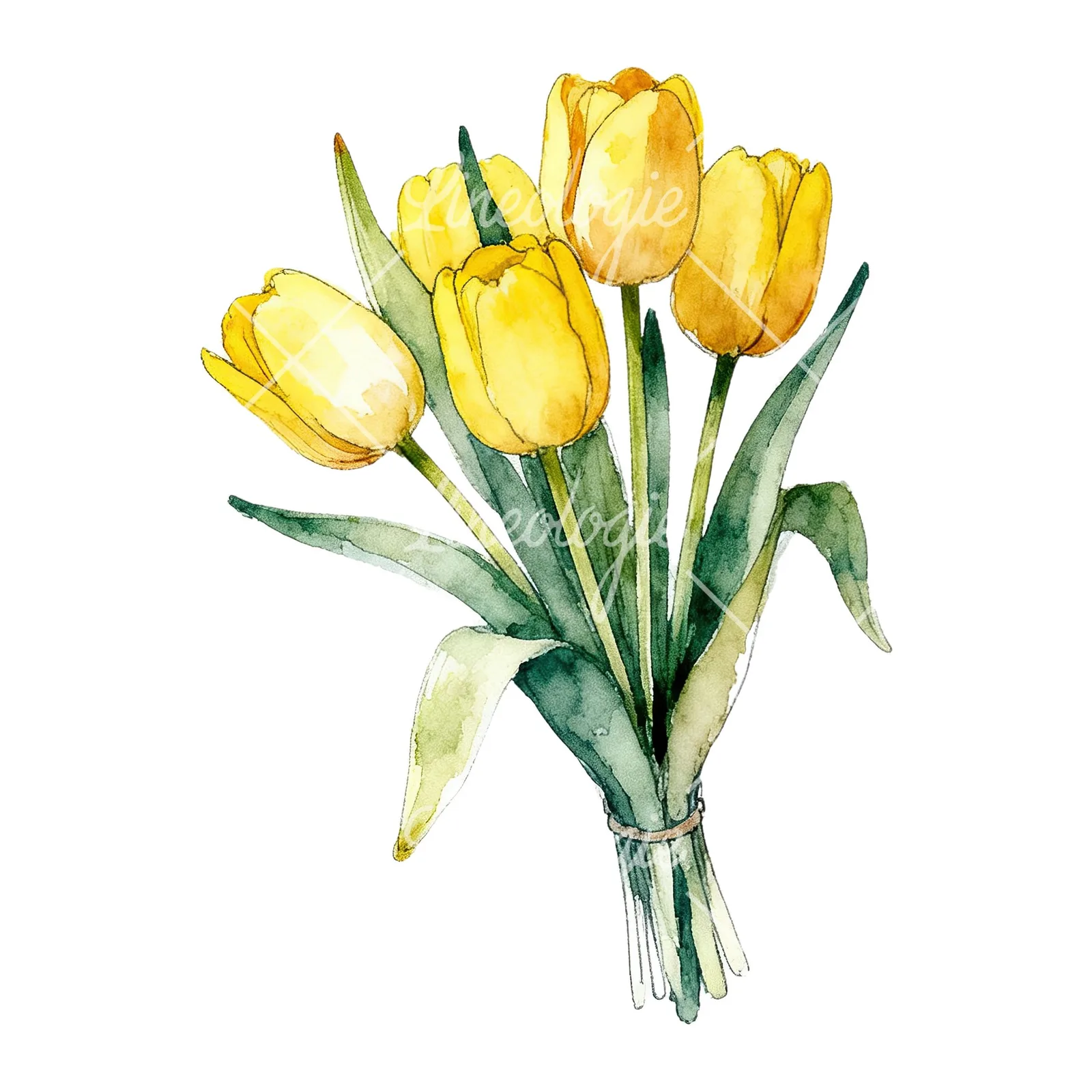Watercolor loose yellow tulip bouquet clipart 7 of 9 on a white background (JPG)