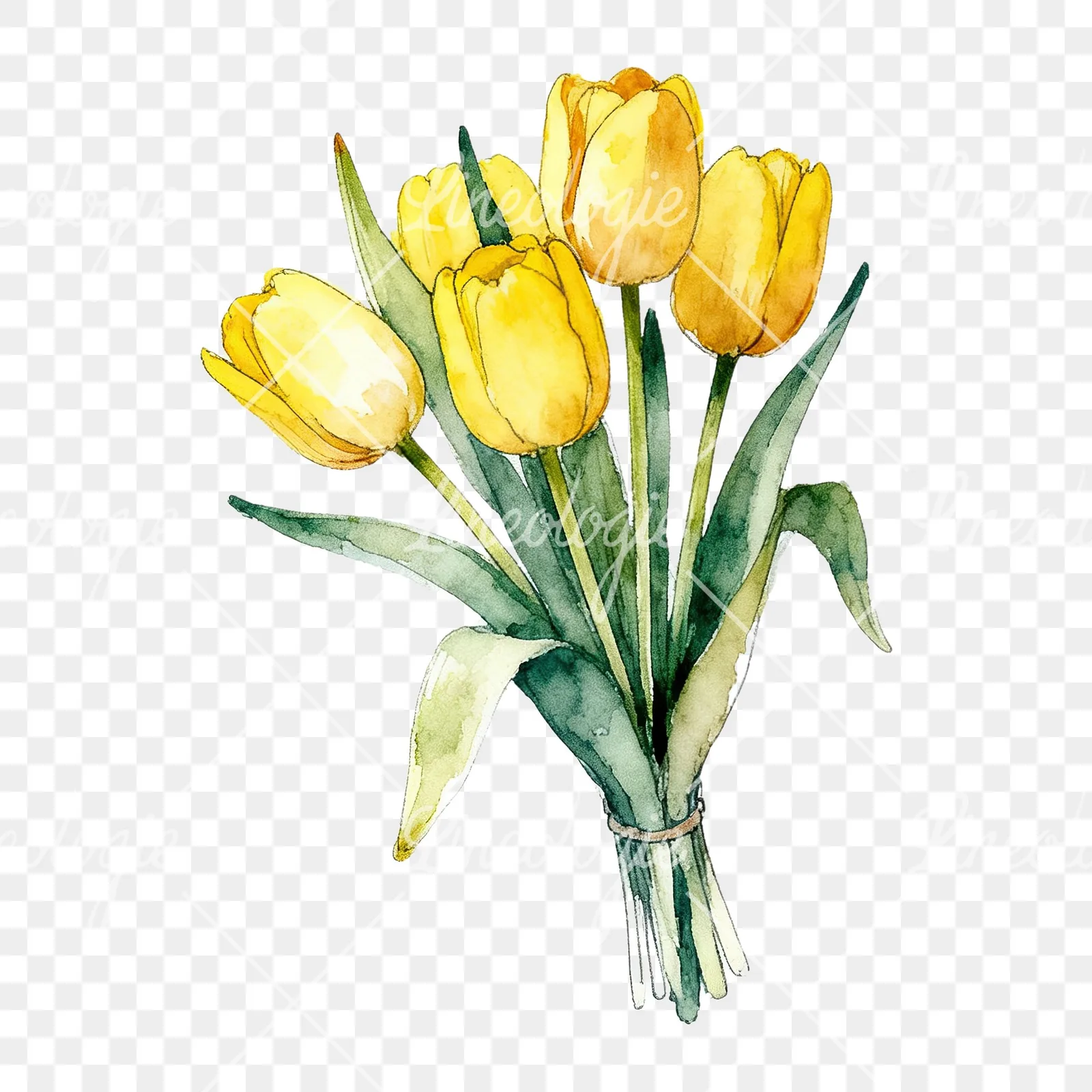 Watercolor loose yellow tulip bouquet clipart 7 of 9 on a transparent background (PNG)