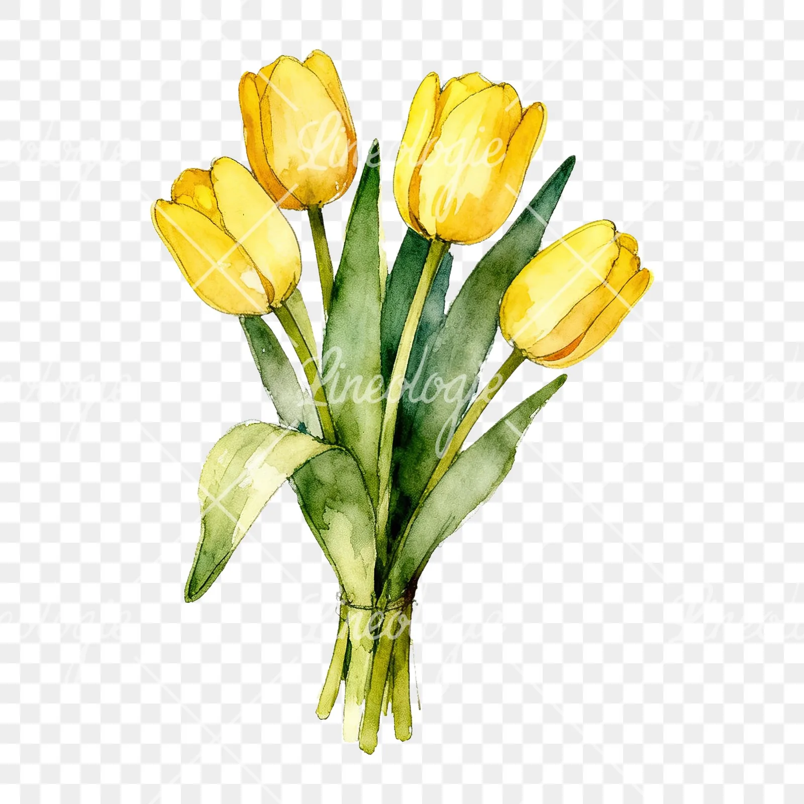 Watercolor loose yellow tulip bouquet clipart 8 of 9 on a transparent background (PNG)