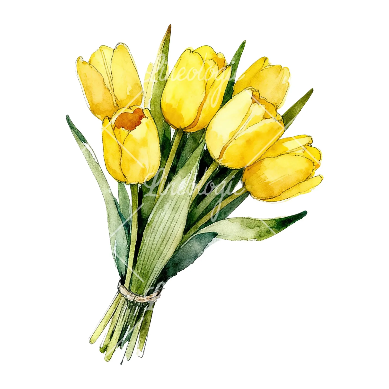 Watercolor loose yellow tulip bouquet clipart 9 of 9 on a white background (JPG)
