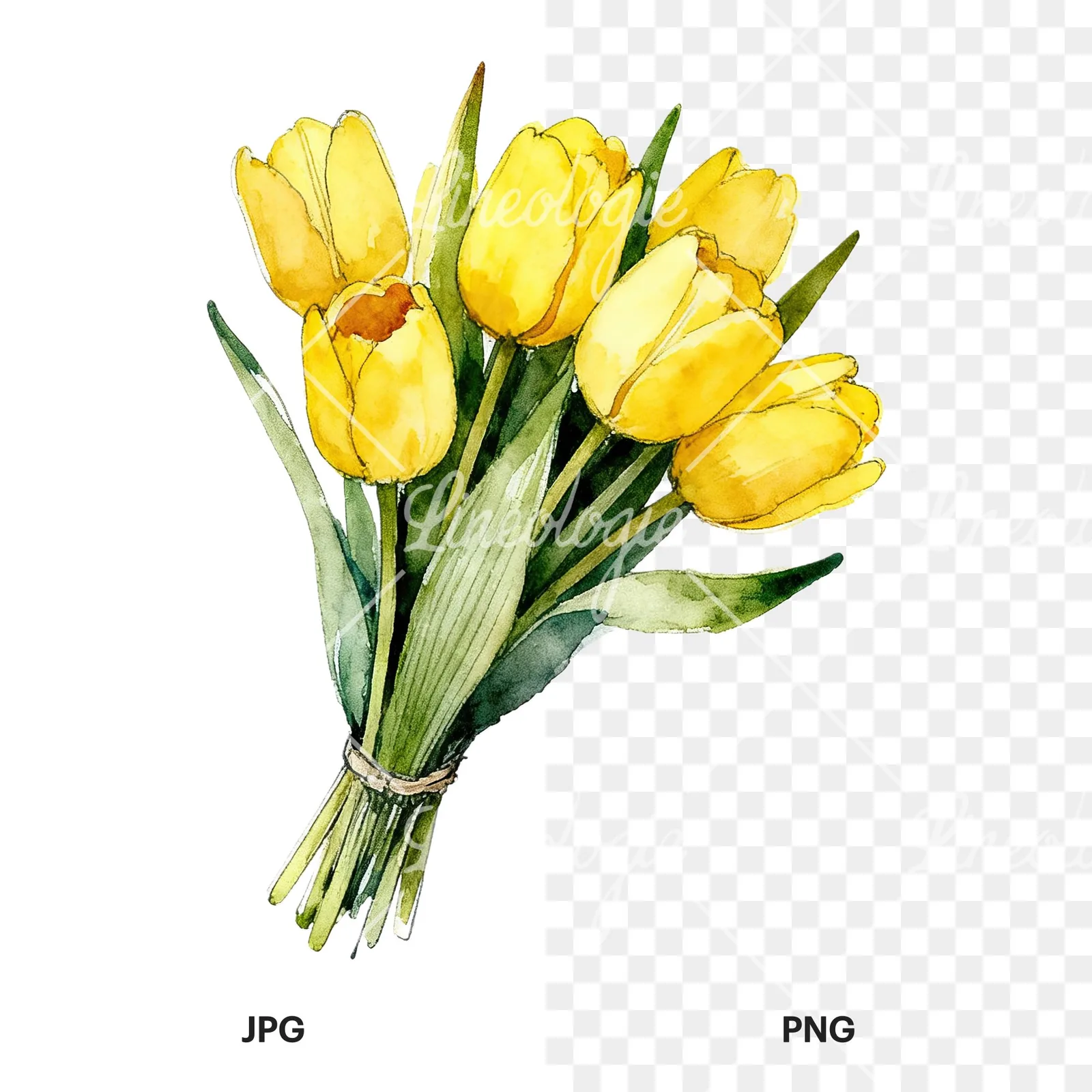 Watercolor loose yellow tulip bouquet clipart 9 of 9, as a JPG on white and a transparent PNG