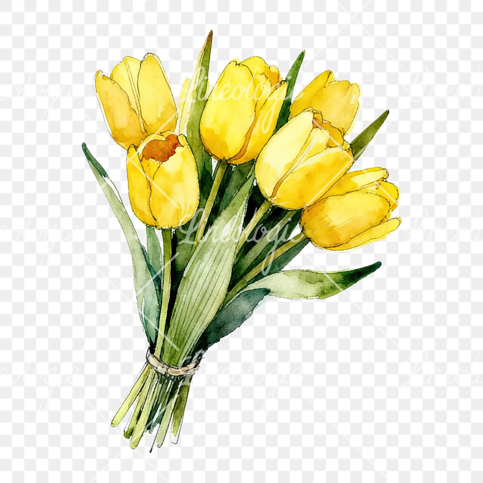 Watercolor loose yellow tulip bouquet clipart 9 of 9 on a transparent background (PNG)