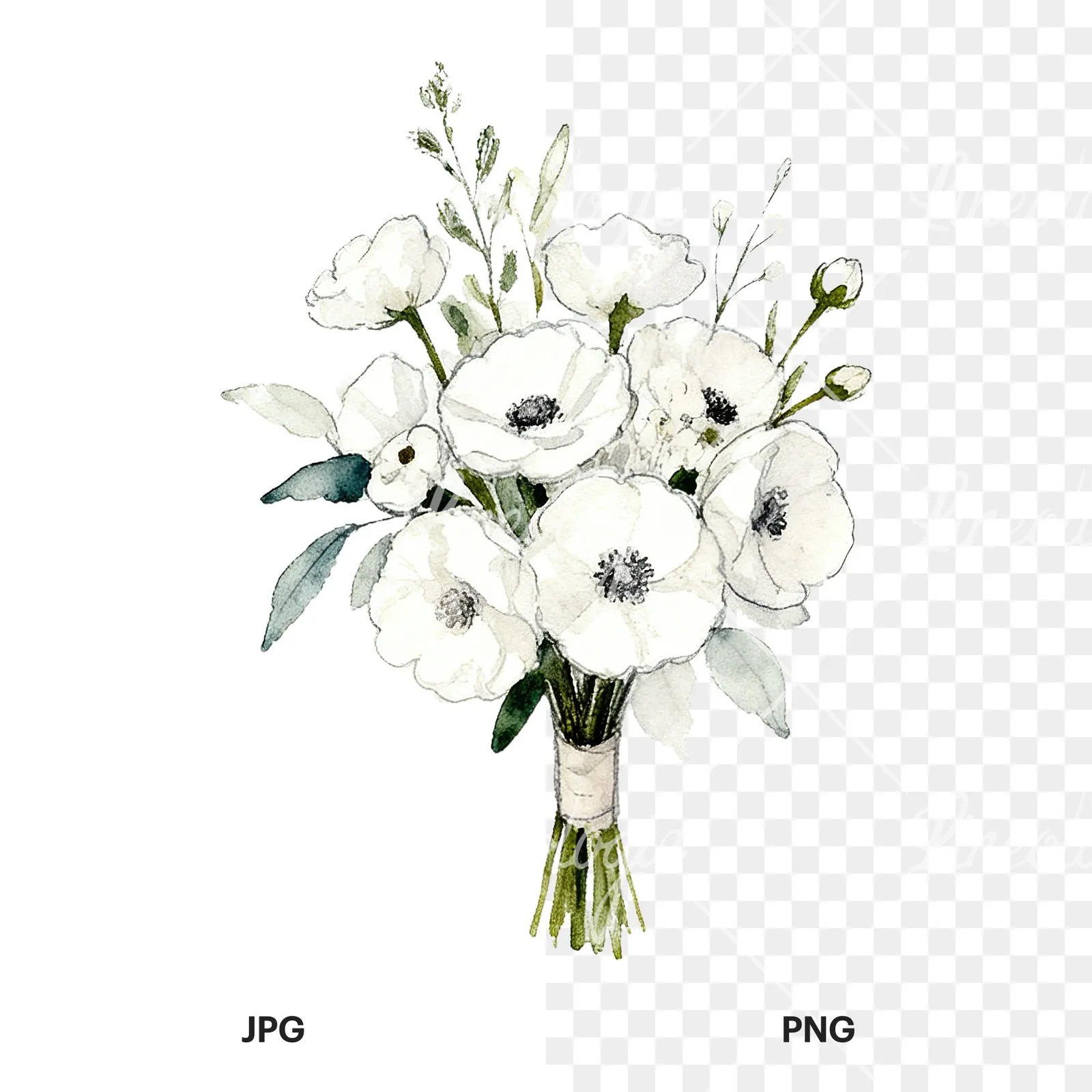 Watercolor white and blush wedding bouquet clipart 1 of 9, as a JPG on white and a transparent PNG
