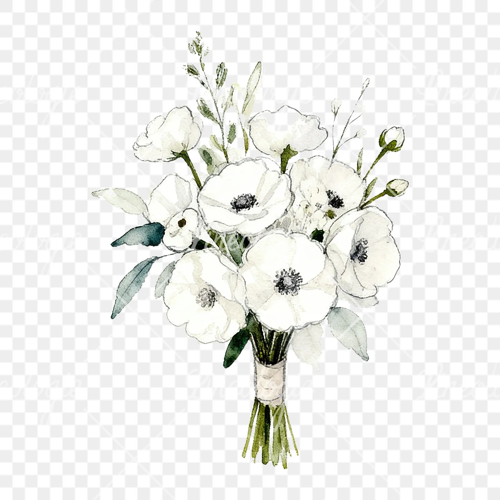 Watercolor white and blush wedding bouquet clipart 1 of 9 on a transparent background (PNG)