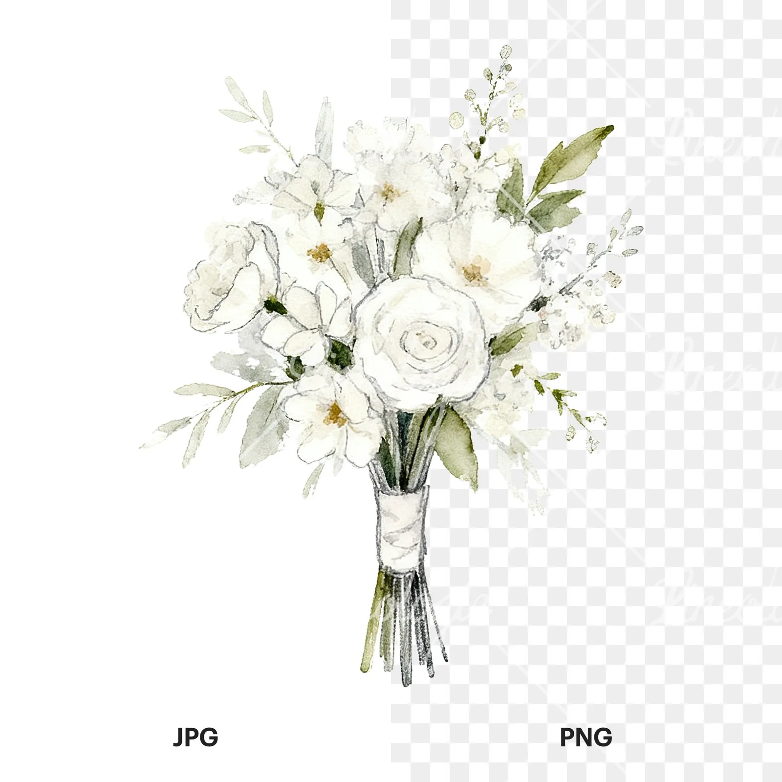 Watercolor white and blush wedding bouquet clipart 2 of 9, as a JPG on white and a transparent PNG