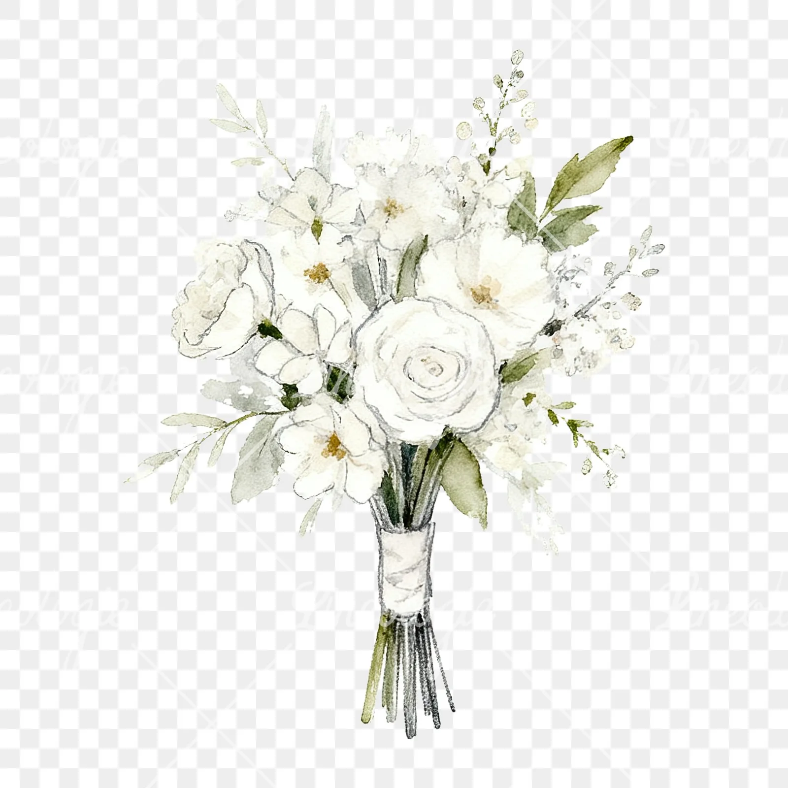 Watercolor white and blush wedding bouquet clipart 2 of 9 on a transparent background (PNG)