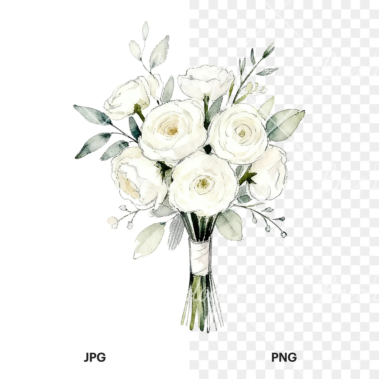 Watercolor white and blush wedding bouquet clipart 3 of 9, as a JPG on white and a transparent PNG
