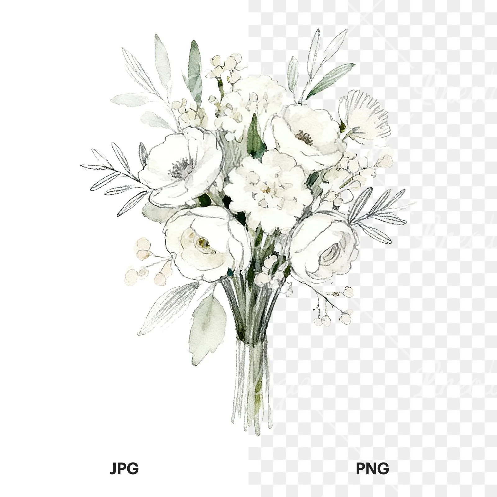 Watercolor white and blush wedding bouquet clipart 4 of 9, as a JPG on white and a transparent PNG